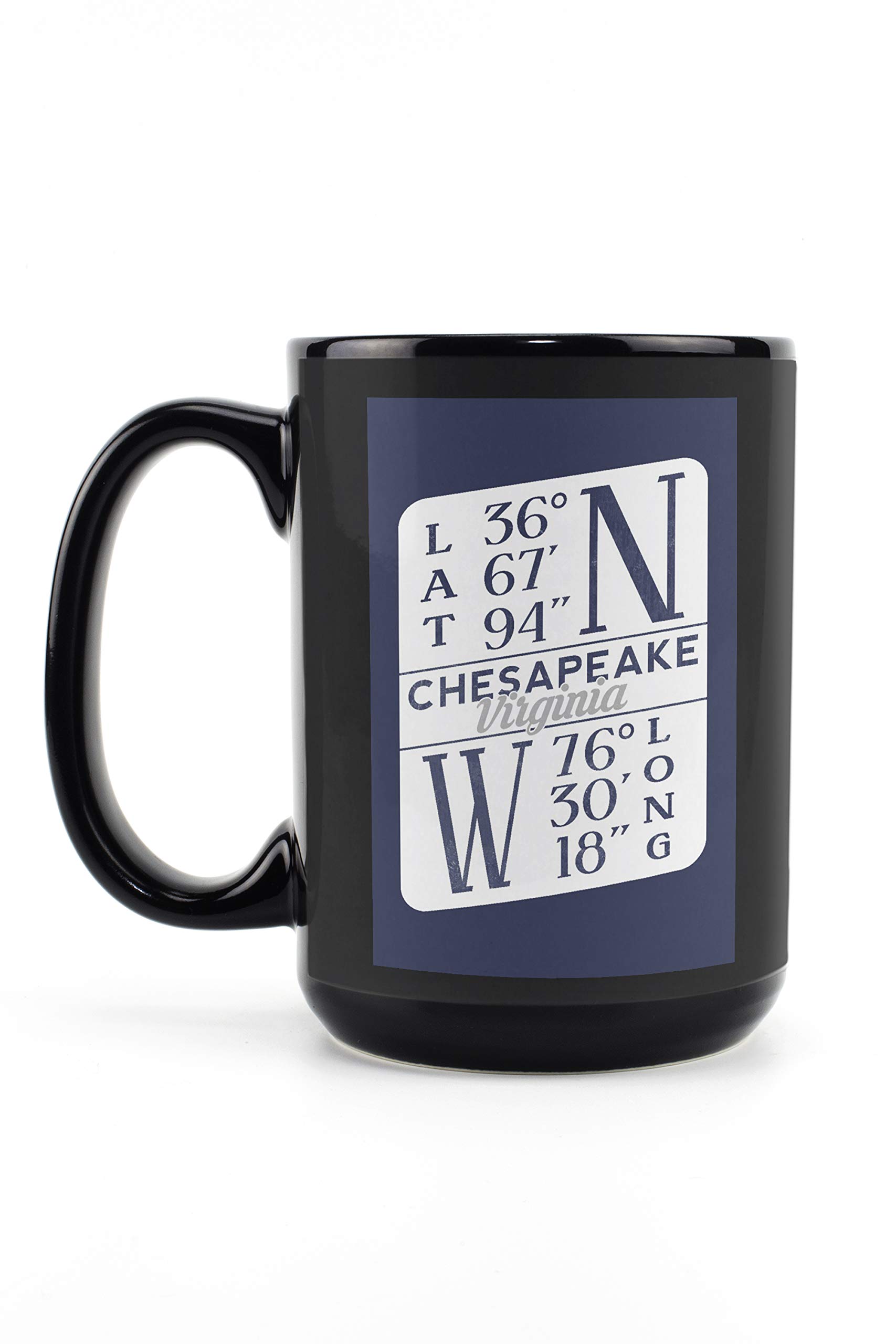 Lantern Press Chesapeake Virginia Latitude Longitude Blue Contour 15oz Black Ceramic Coffee Mug - Microwave & Dishwasher Safe - Perfect for Home, Office & Outdoor Use