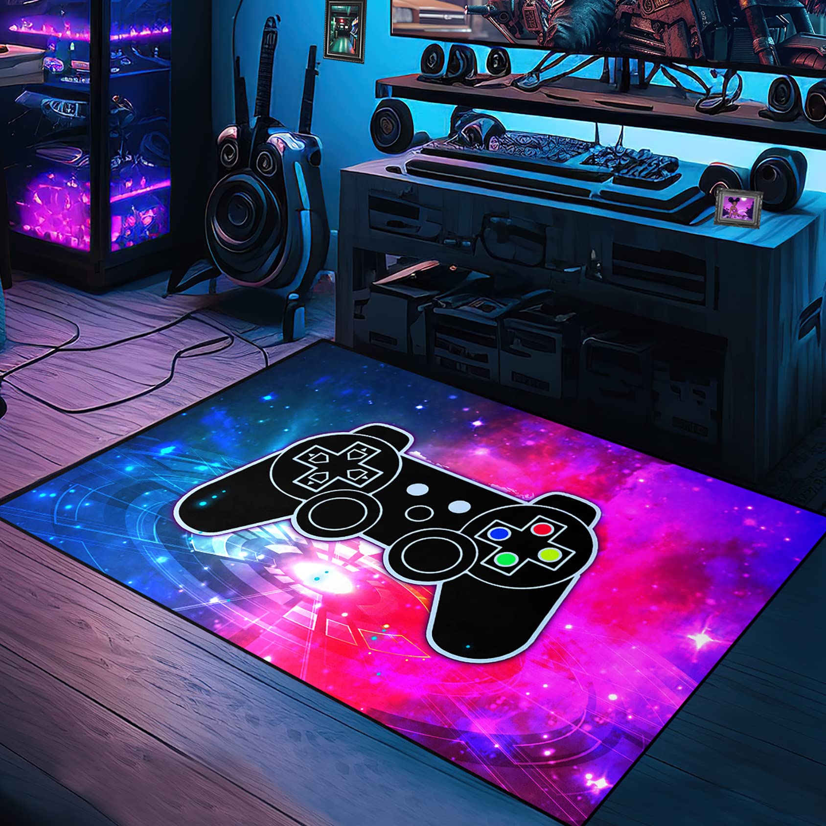 Premium Gamepad Printed Area Rug - 4'x5' Soft Polyester Floor Mat for Living Room, Bedroom & Game Room - Gamer Gift for Boys, Blue & Hot Pink Design - Perfect for Gaming Setup, Home Decor & Comfort