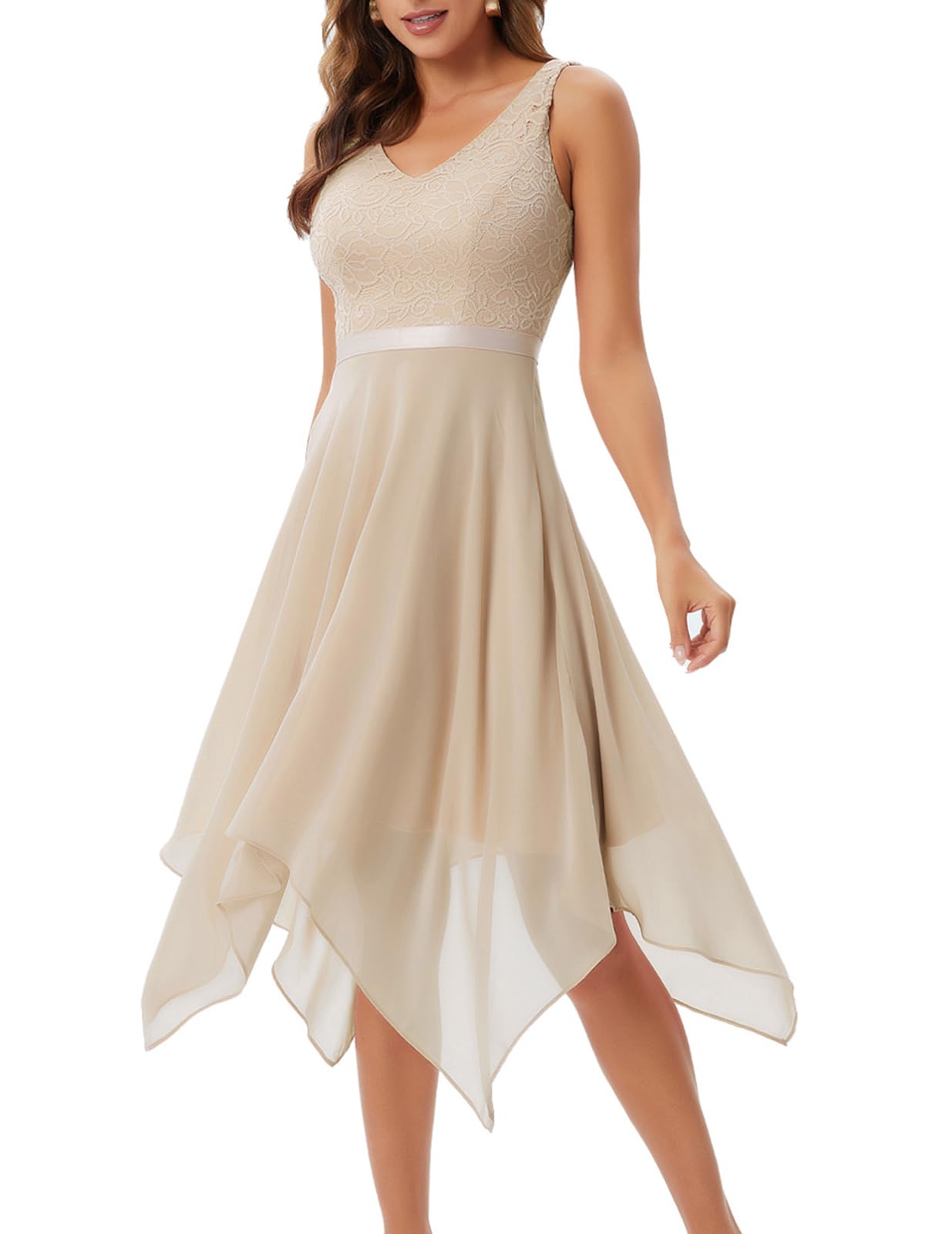 Meetjen Women's Elegant Lace Cocktail Party Dress 2025 | Handkerchief Hem Bridesmaid & Prom Formal Gown | Wedding Guest Dress for Evening Events, Cocktail Parties & Special Occasions