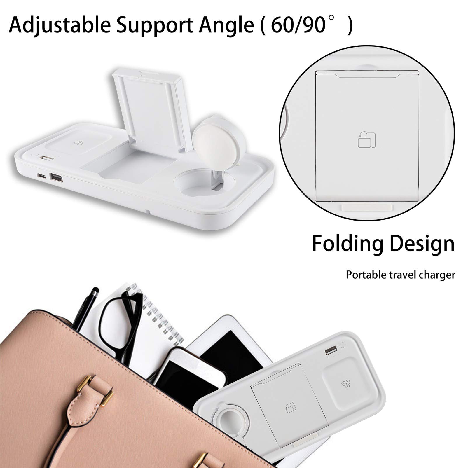 3-in-1 Foldable Qi-Certified Wireless Charging Station for iPhone 12/11/Pro/Max/XS/XR, Apple Watch & AirPods Pro - Fast Wireless Charger Stand (White) | Perfect for Bedside, Office Desk & Travel Charging