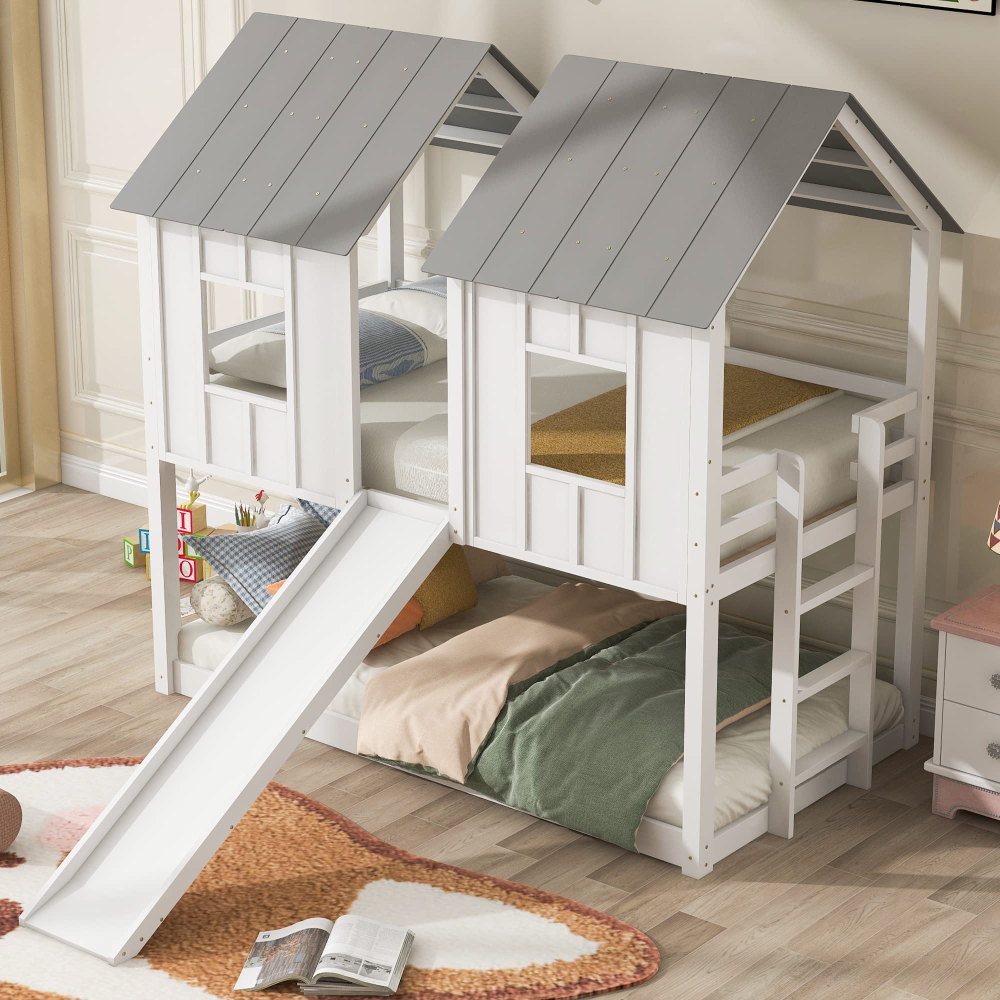 MERITLINE Twin Over Twin Kids House Bunk Bed with Slide, Roof & Windows - Playhouse Bed for Boys & Girls (No Spring Box Needed, White) | Perfect for Bedrooms, Playrooms & Sleepovers