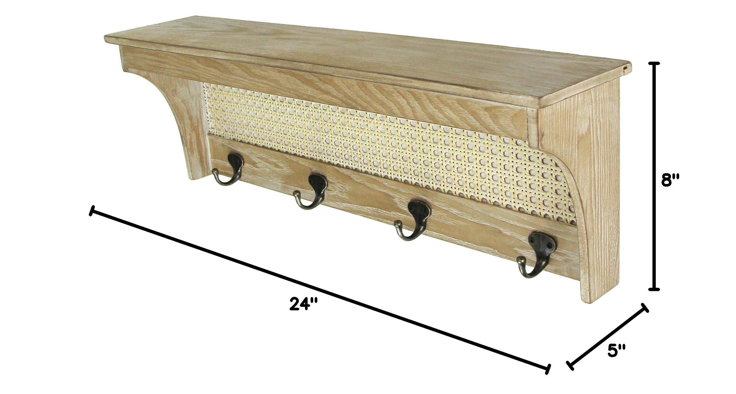 Audrey's Wooden Wall Shelf with Rattan Mesh Cane Webbing & 4 Metal Hooks - Stylish Storage for Bathroom, Kitchen, Bedroom & Entryway Organization