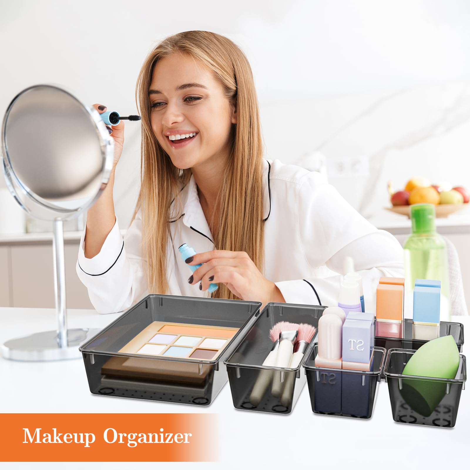 25-Piece Plastic Drawer Organizer Set - 4-Size Versatile Storage Trays & Bins for Makeup, Jewelry, Office Supplies | Bathroom, Bedroom & Desk Organization (Black) - Perfect for Vanity, Dresser & Clutter-Free Workspace