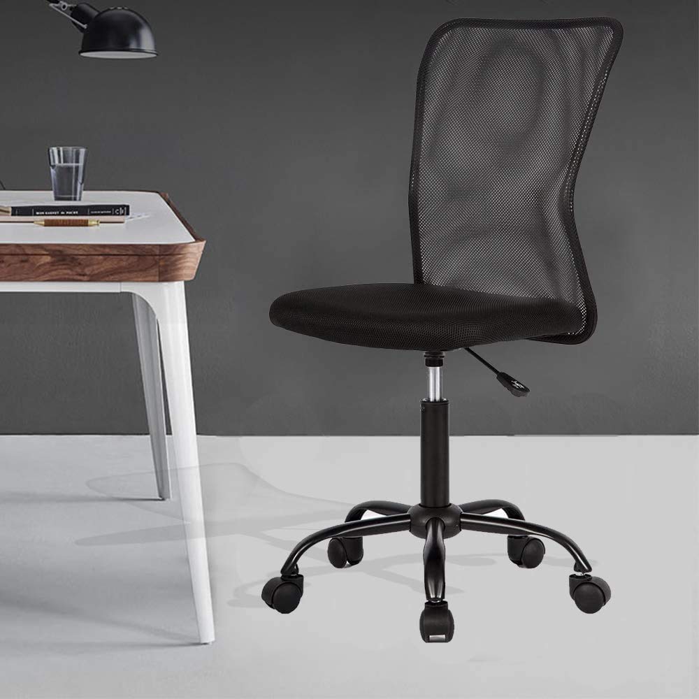 Ergonomic Mid Back Mesh Office Chair with Wheels, Adjustable Lumbar Support & Swivel - Armless Computer Desk Chair for Small Spaces, Black - Perfect for Home Office, Gaming & Workspace