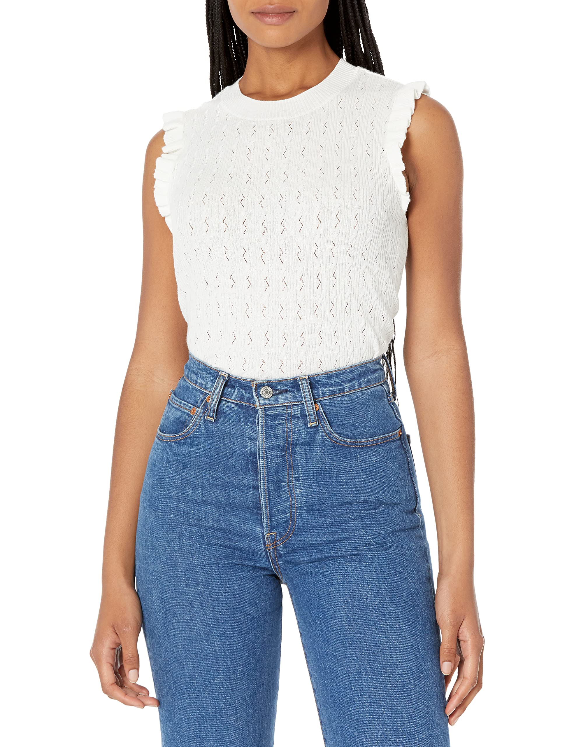 PAIGE Women's Ivory Sleeveless Ruffle Trim Sweater with Stitch Detail - Perfect for Summer Outfits, Garden Parties & Casual Chic Looks