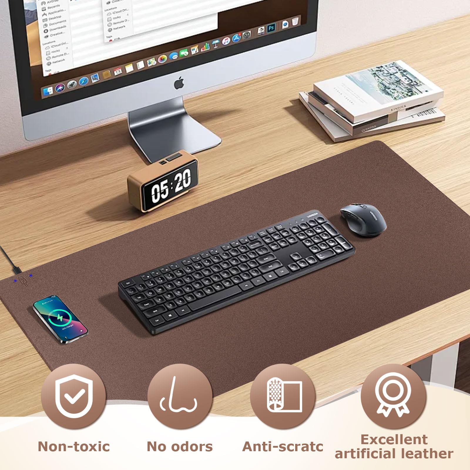 Firelison 2-in-1 Wireless Charging Mouse Pad - Leather Desk Mat with Non-Slip Rubber Base, Waterproof Office Desk Pad for Computer, Work & Home Decor (32