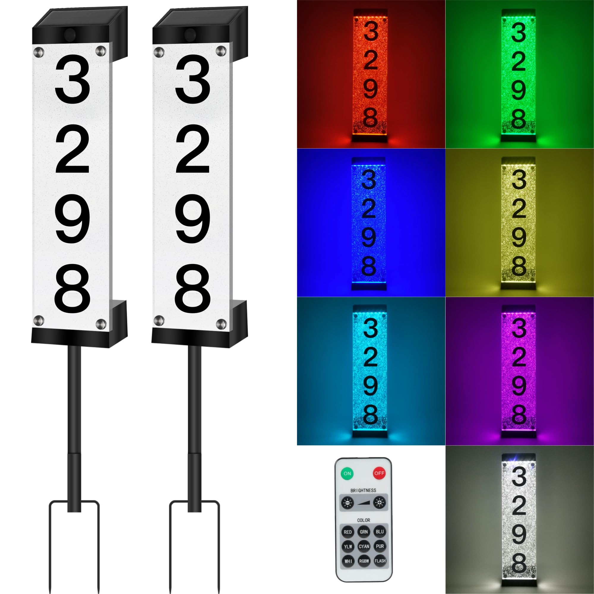 Solar Powered LED Illuminated House Numbers - Outdoor Address Sign with Acrylic Plaque & Iron Stakes (2 Pack) - Modern Lighted Home Street Yard Decor for Easy Nighttime Visibility