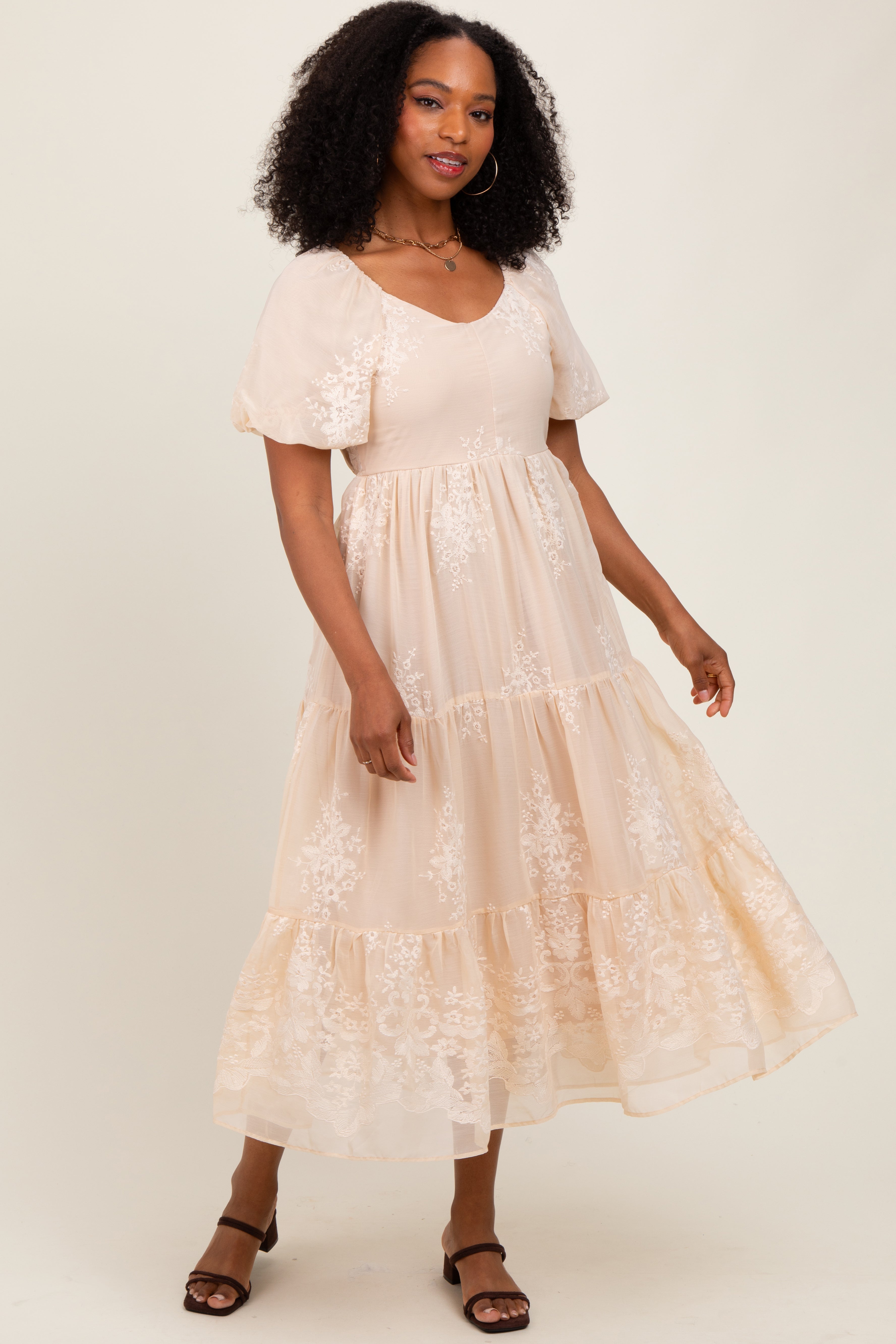 Beige Floral Embroidered Chiffon Midi Dress for Women - Elegant Summer Party & Wedding Guest Outfit
