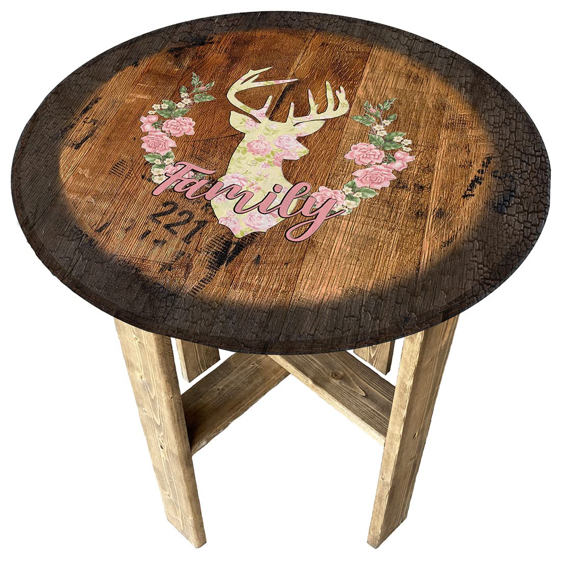 Rustic Round Whiskey Barrel End Table - Boho Deer Family Pub Gift for Farmhouse Decor, Perfect for Living Room, Bedroom or Man Cave Accent Table