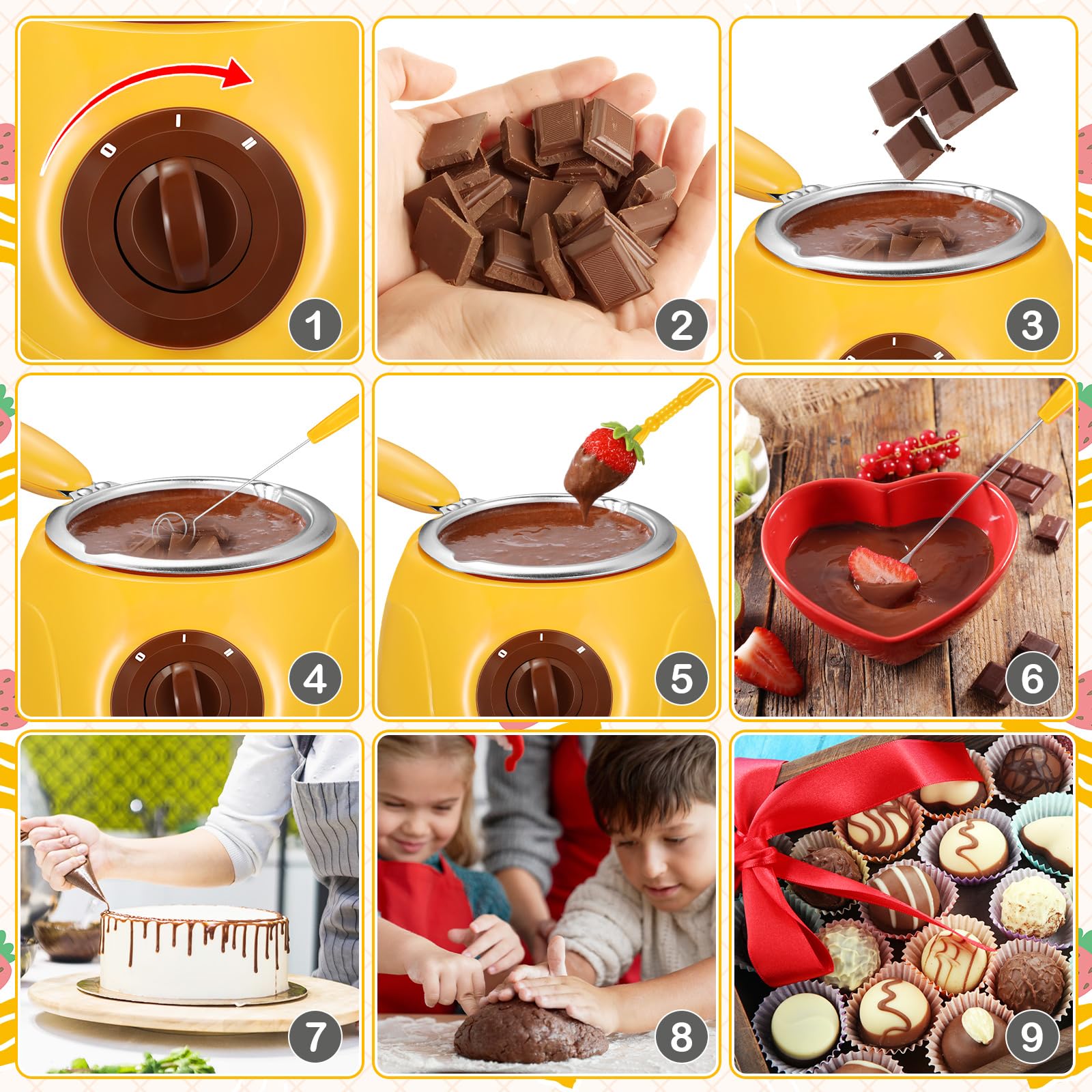 Electric Chocolate Melting Pot with DIY Molds & Accessories - Mini Fondue Fountain Kit for Candy, Cheese & Milk - Perfect for Home Parties, Valentine's Gifts & DIY Desserts (Yellow)