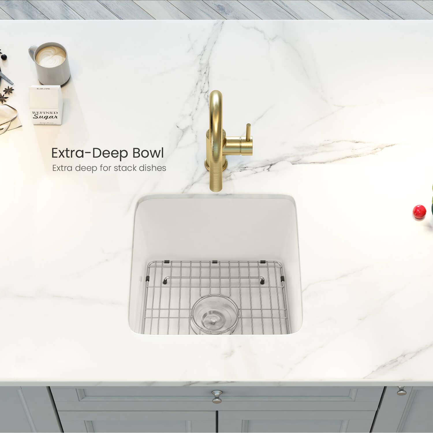KIBI K2-S18SQ 18-Inch Undermount Fireclay Kitchen Sink - Single Bowl, Heat & Stain Resistant, Stainless Steel Bottom Grid & Basket Strainer, Garbage Disposal Ready - White (Perfect for Modern Farmhouse & Rustic Kitchen Designs)