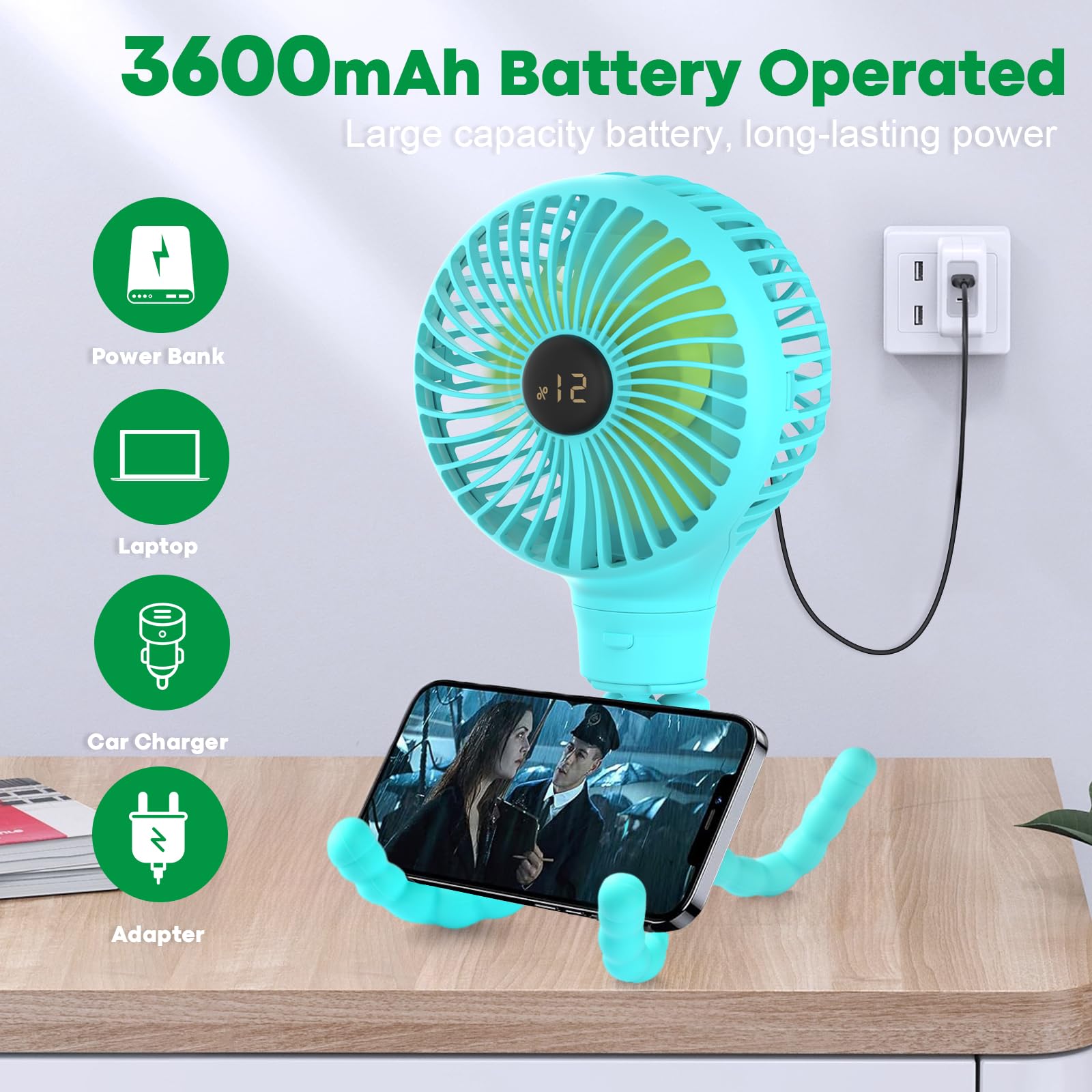 Baby Stroller Fan with Auto Oscillation - Portable Tripod Clip Fan with LED Display & 3600mAh Rechargeable Battery - 4-Speed Mini Handheld Fan for Car Seat, Crib, Bike, Treadmill - Perfect for Outdoor Activities, Travel & Nursery Cooling