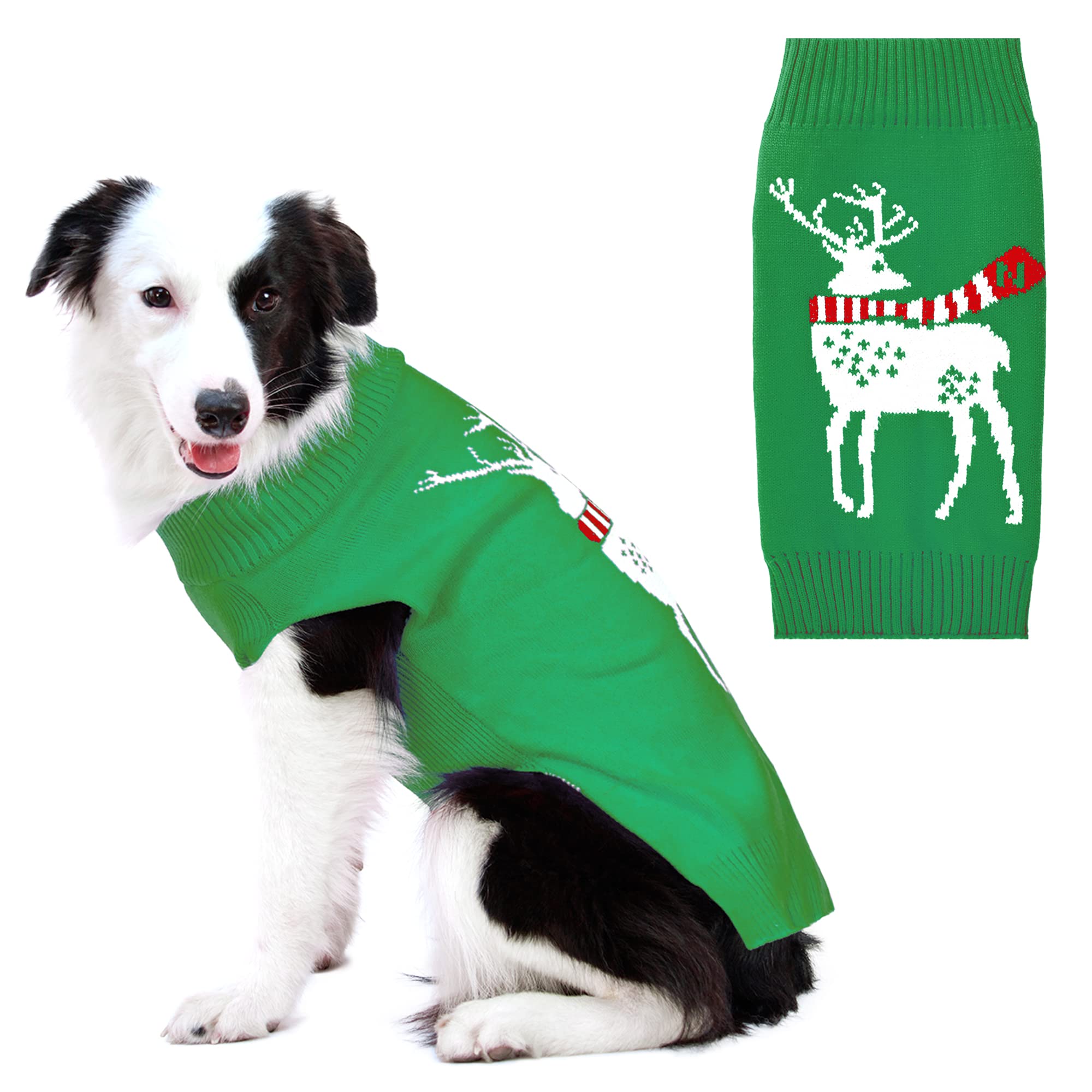 NIULA Dog Reindeer Sweater - Christmas Pet Clothes for Small Dogs & Cats (Green, Size L) - Warm Holiday Outfit for Winter Walks & Festive Photos