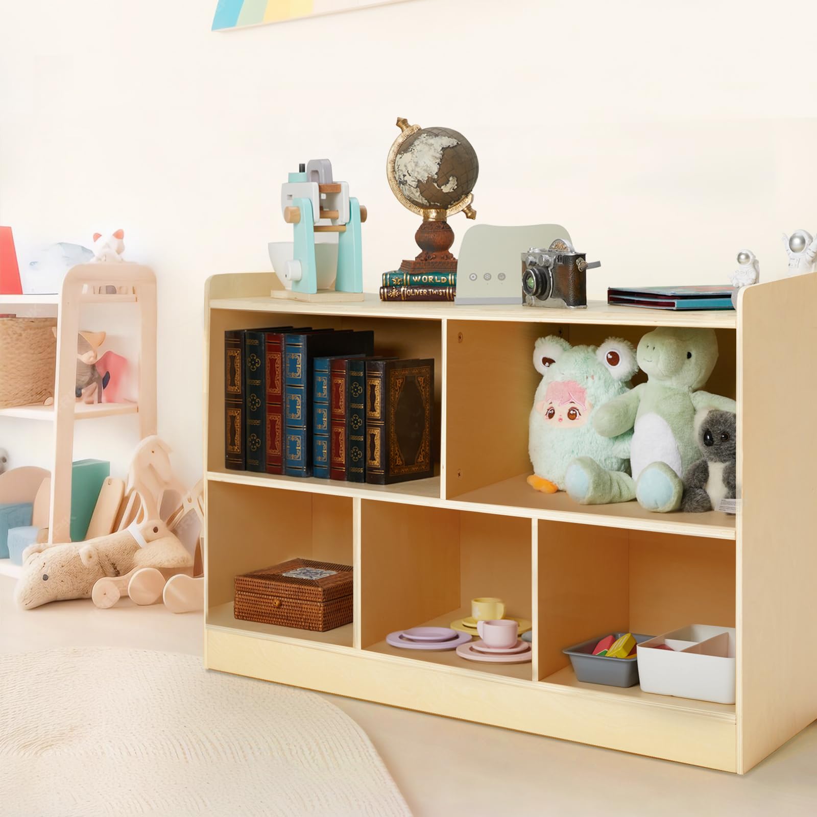 Montessori Wooden Toy Storage Organizer - 2-Shelf Bookcase & 5-Section Cabinet for Kids Books & Toys | Natural Wood Nursery Shelf for Playroom, Kindergarten & Toddler Bedroom Organization