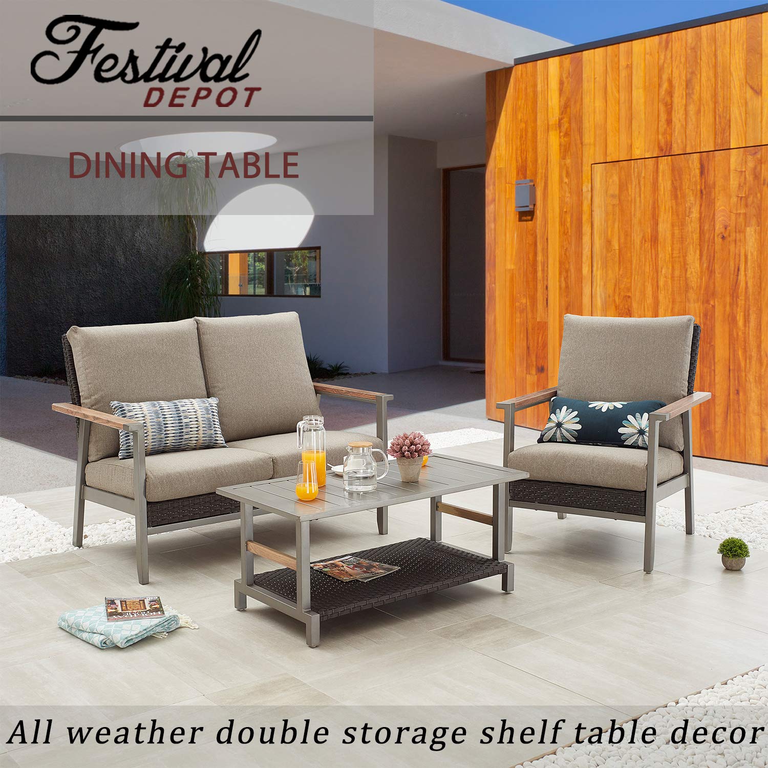 Festival Depot Outdoor Patio Coffee Table - Rectangle Metal Slatted Top with Wicker Rattan Storage Shelf - Garden Yard Furniture for Dining, Lounging & Entertaining - Weather-Resistant Grey