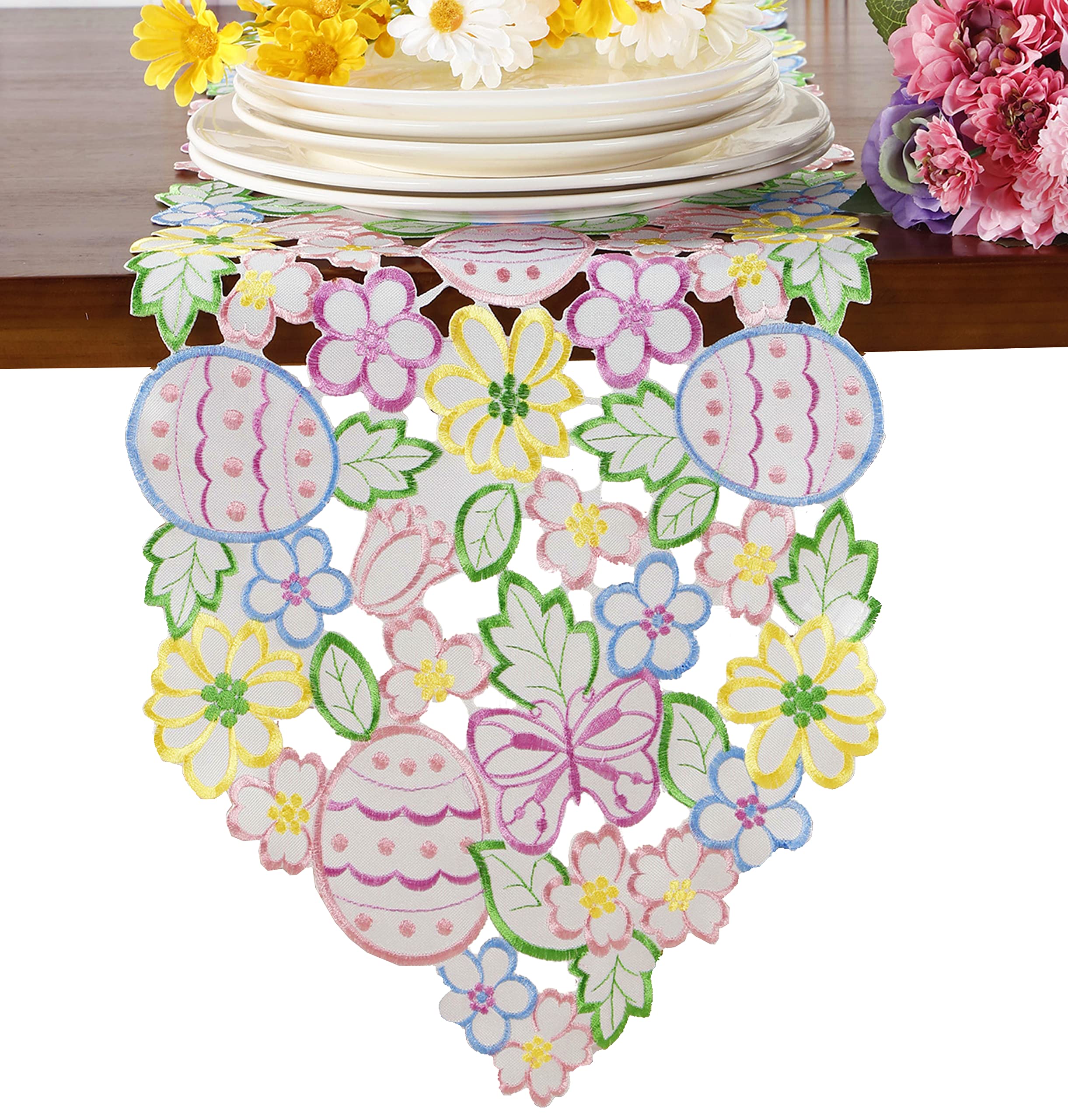 Easter Spring Floral Table Runner - Embroidered Cutwork Eggs & Butterflies Design - 13x83 Inch Holiday Dining Decor for Kitchen, Home, Party (Perfect for Easter, Spring Celebrations & Festive Gatherings)