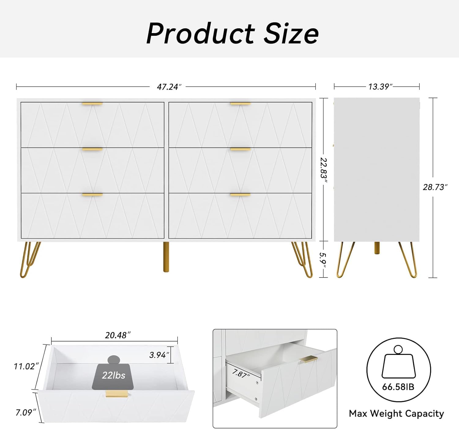 Modern White 3-Piece Bedroom Set with 6-Drawer Dresser & 2 Nightstands - Minimalist Bedroom Furniture for Master Bedroom, Guest Room or Apartment - Easy Assembly & Space Saving Design