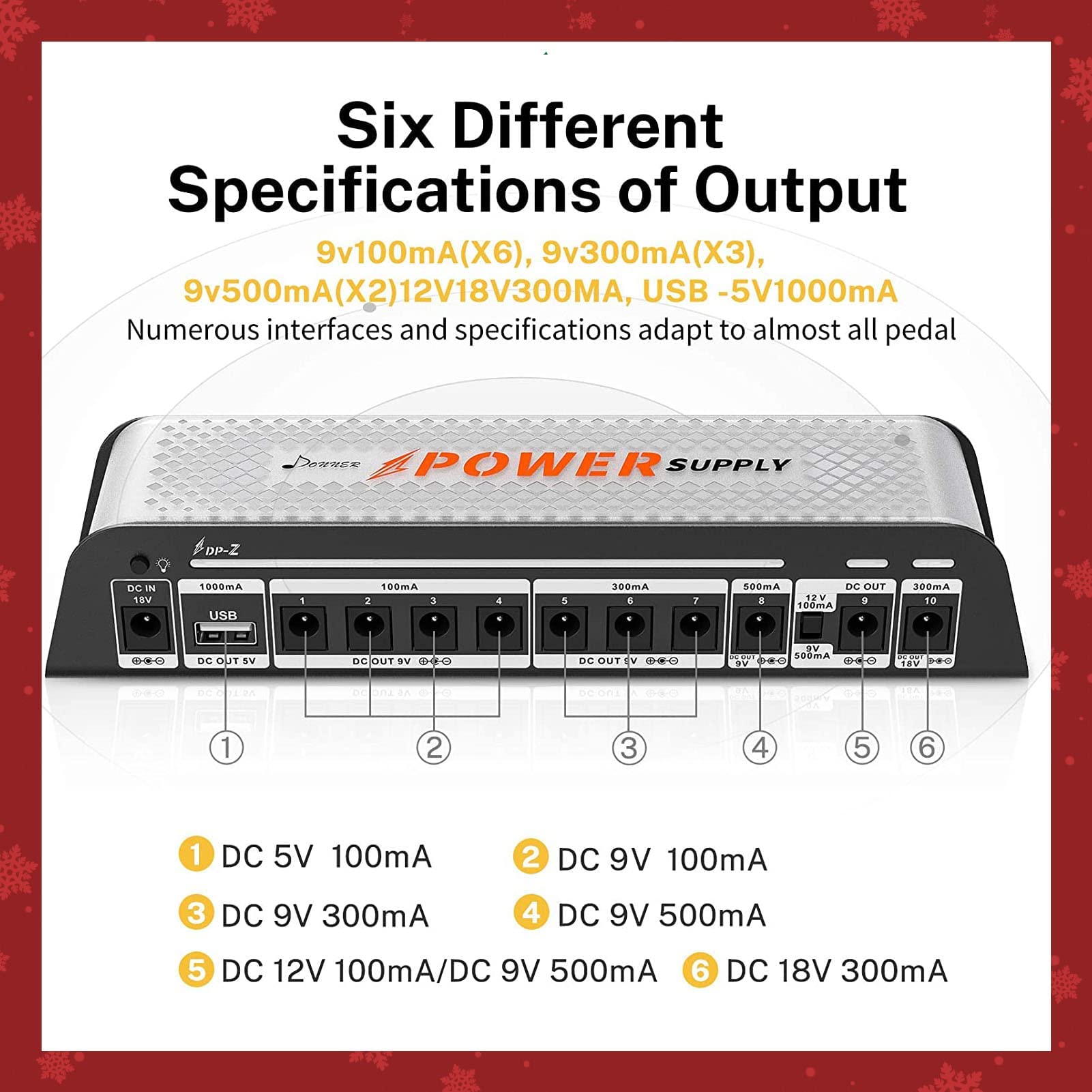 Donner Overdrive Guitar Pedal with DP-Z 9V Power Supply - 11 Isolated DC Outputs, USB Port for 9V/12V/18V Effect Pedals - Perfect for Live Performances & Studio Recording