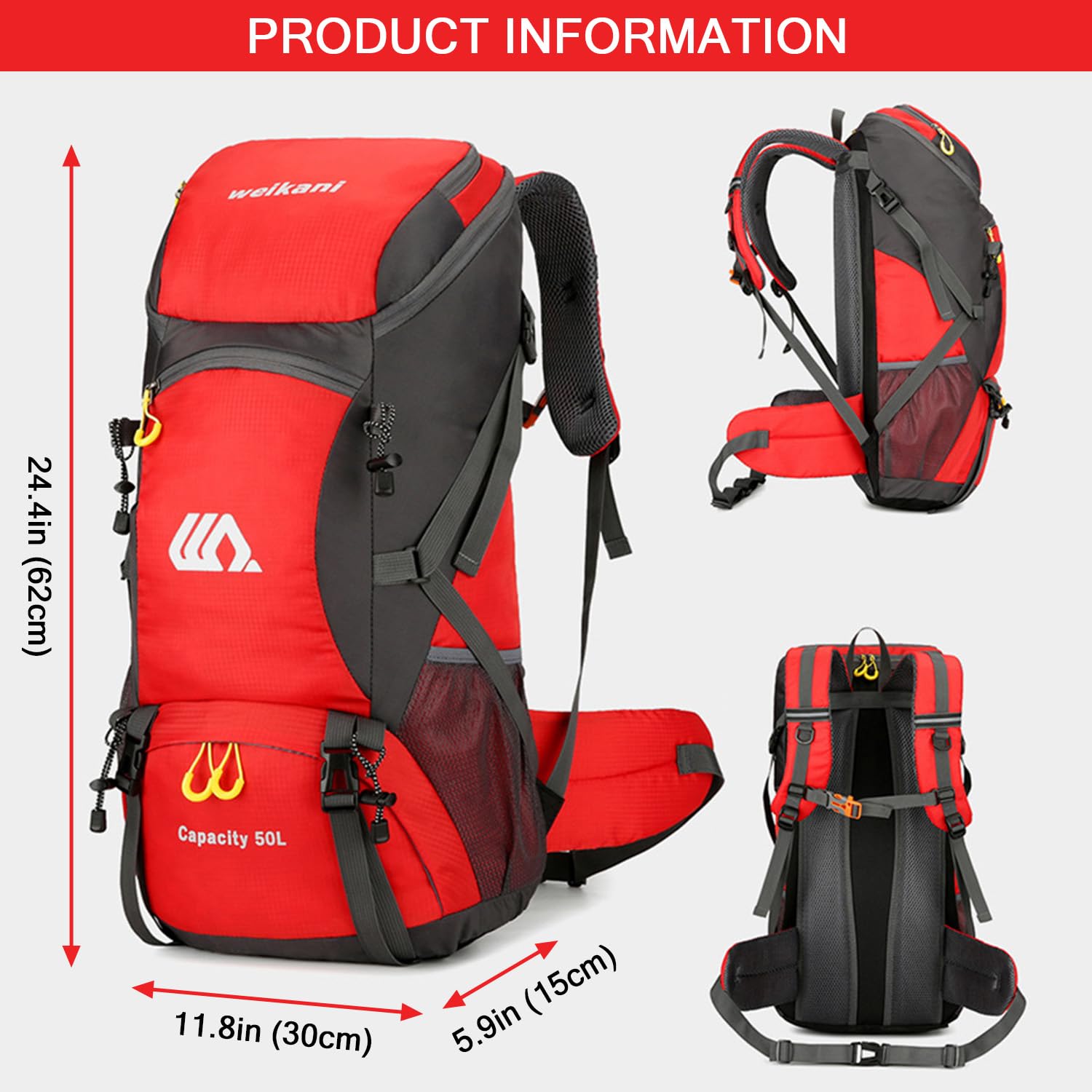 **50L Lightweight Hiking Backpack for Men & Women - Waterproof Camping Backpack with Adjustable Straps for Trekking, Hunting & Outdoor Adventures (Red) - Perfect for Day Trips, Travel & Sports**
