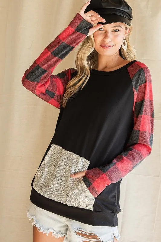 BiBi French Terry Top with Sequins Kangaroo Pocket - Stylish Women's Casual Pullover Sweatshirt for Everyday Wear, Lounge & Outings