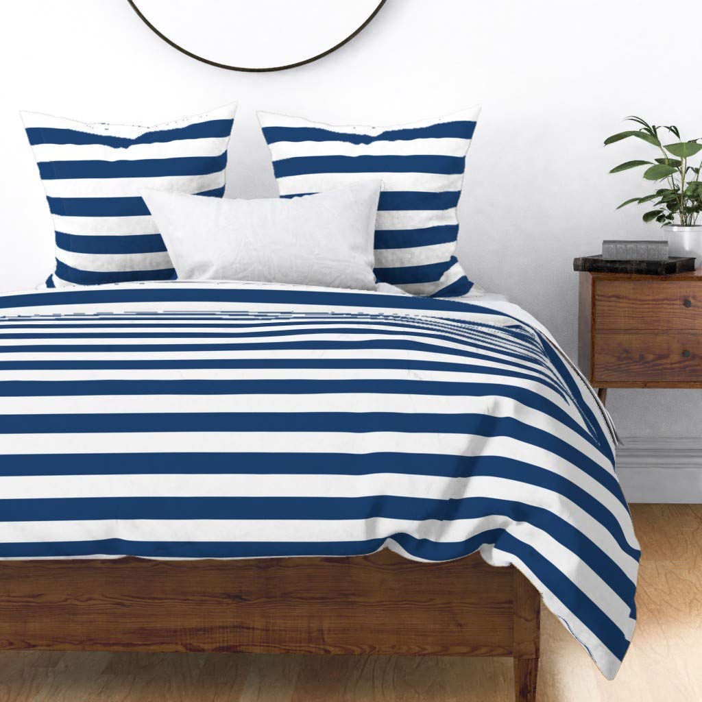 Custom Nautical Stripes Navy Blue & White Cotton Sateen Duvet Cover - Full/Queen Size Bedding Set | Soft Luxury Duvet Cover for Coastal, Beach House, or Nautical Theme Bedrooms