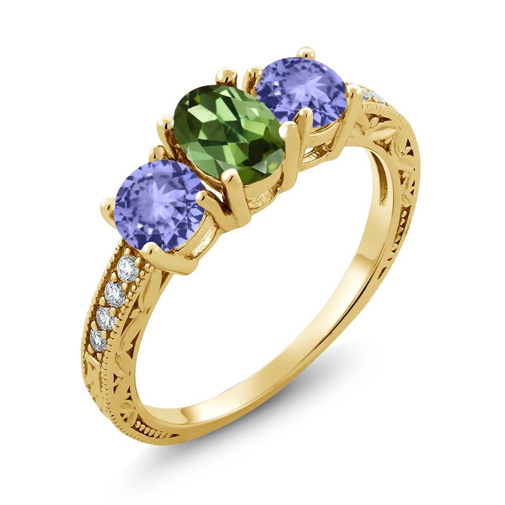 1.74 Ct Oval Green Tourmaline & Blue Tanzanite Ring in 18K Gold Plated Sterling Silver | Gem Stone King | Elegant Jewelry for Women, Perfect for Weddings, Anniversaries & Special Occasions
