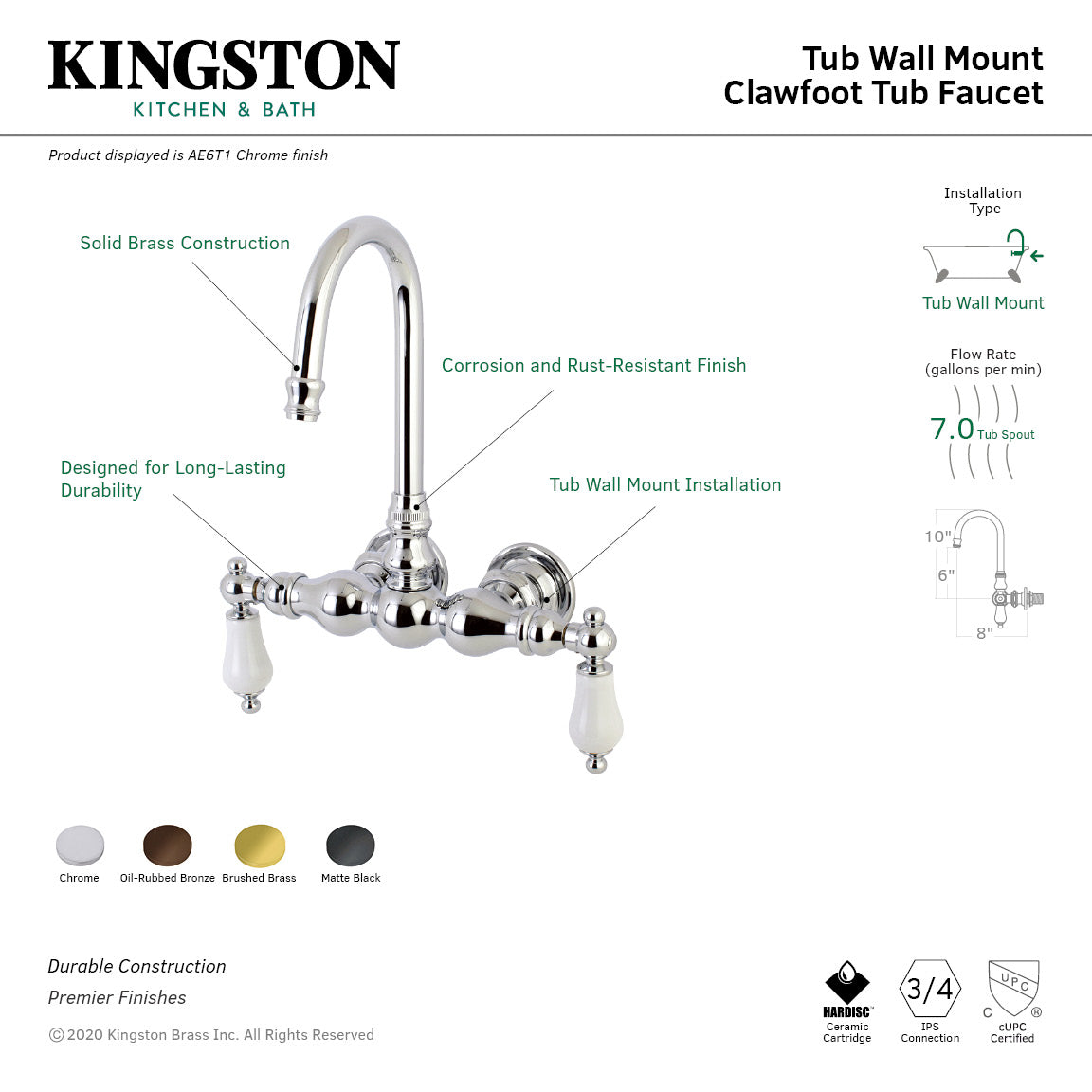 Vintage AE5T5 Two-Handle Wall Mount Clawfoot Bathtub Faucet in Oil Rubbed Bronze - Perfect for Classic Bathroom Renovations & Antique Tub Installations