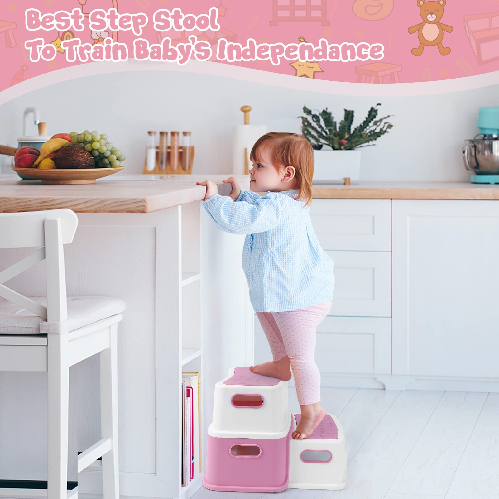 GARVEE 2-Step Toddler Stool for Potty Training & Bathroom Use - Non-Slip Kids Step Stool with ABC/Numbers - Perfect for Toilet Training, Kitchen & Bathroom Safety (Pink)