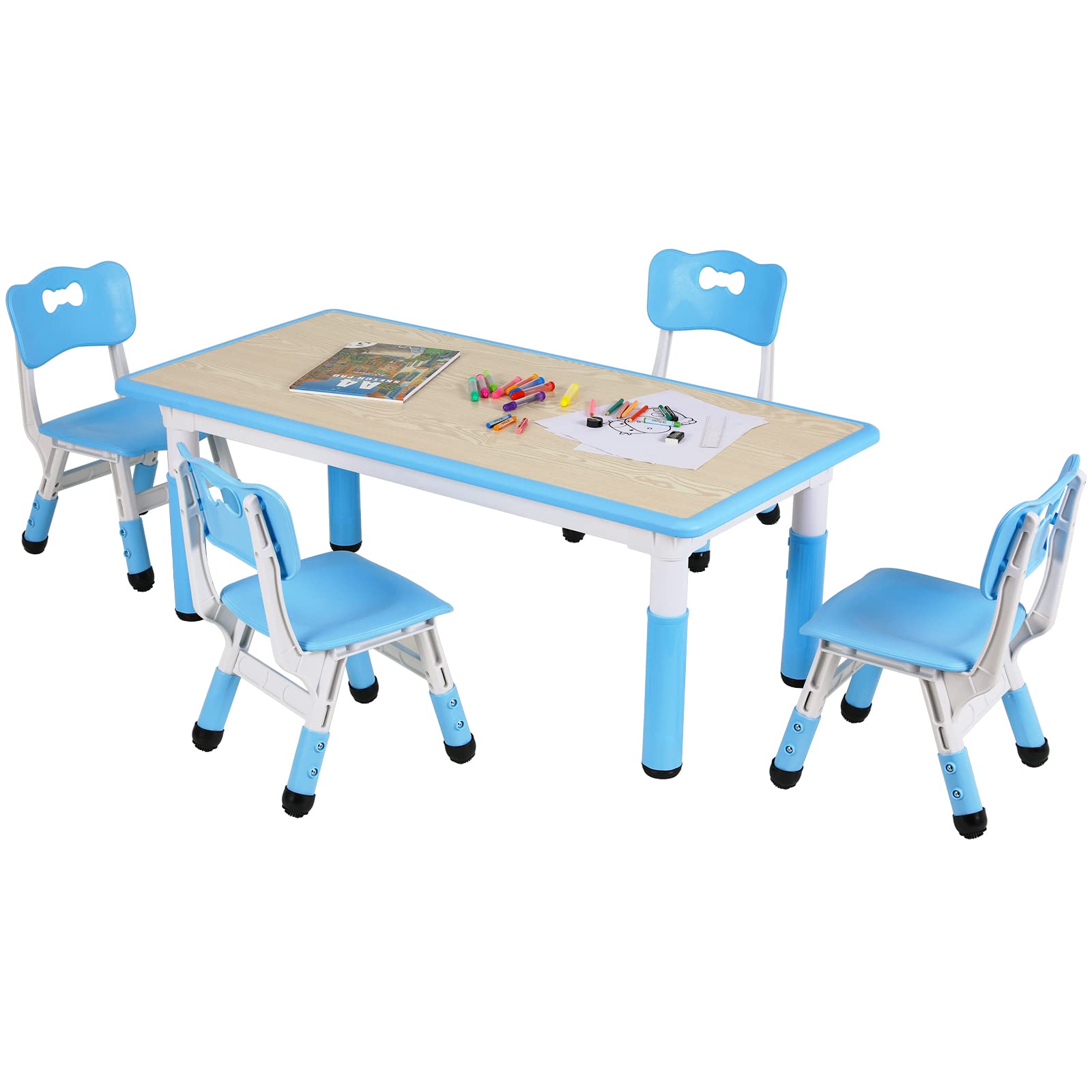 Arlopu Adjustable Height Kids Table and 4 Chairs Set - Non-Slip Toddler Activity Table with Graffiti-Proof Surface - Blue Children's Furniture for Reading, Drawing, Daycare & Home Classroom Use