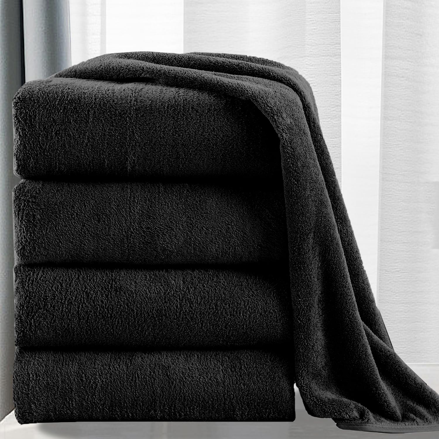 MINCHI 4-Piece Oversized Bath Towel Set - Ultra Soft & Highly Absorbent 600 GSM Bath Sheets (35x70 Inches) for Home, Spa & Hotel Use - Luxury Shower Towels for Bathroom, Pool & Beach - Black