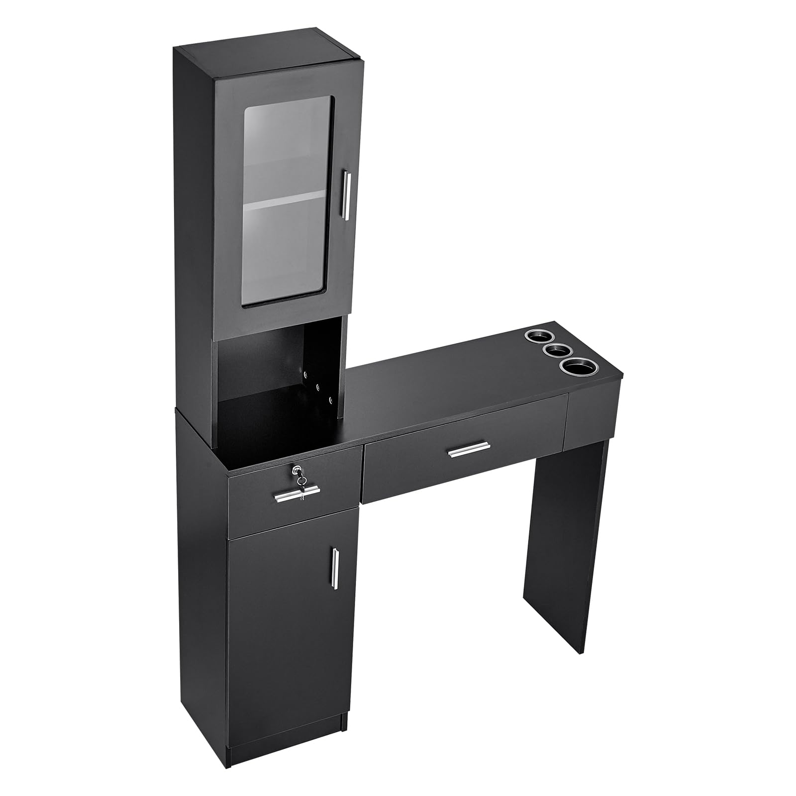 VEVOR Wall Mount Salon Station for Hair Stylists & Barbers - Black Beauty Spa Furniture with Storage Cabinet, 3 Cubbies & 2 Drawers (1 Lockable) - Perfect for Home Salons, Barber Shops & Professional Styling Stations