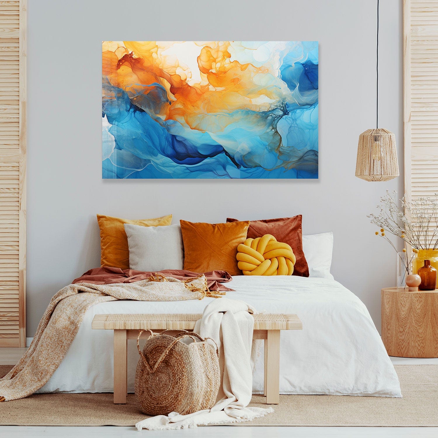 Orange & Blue Abstract Tempered Glass Wall Art - Modern Home Decor for Living Room, Bedroom & Office
