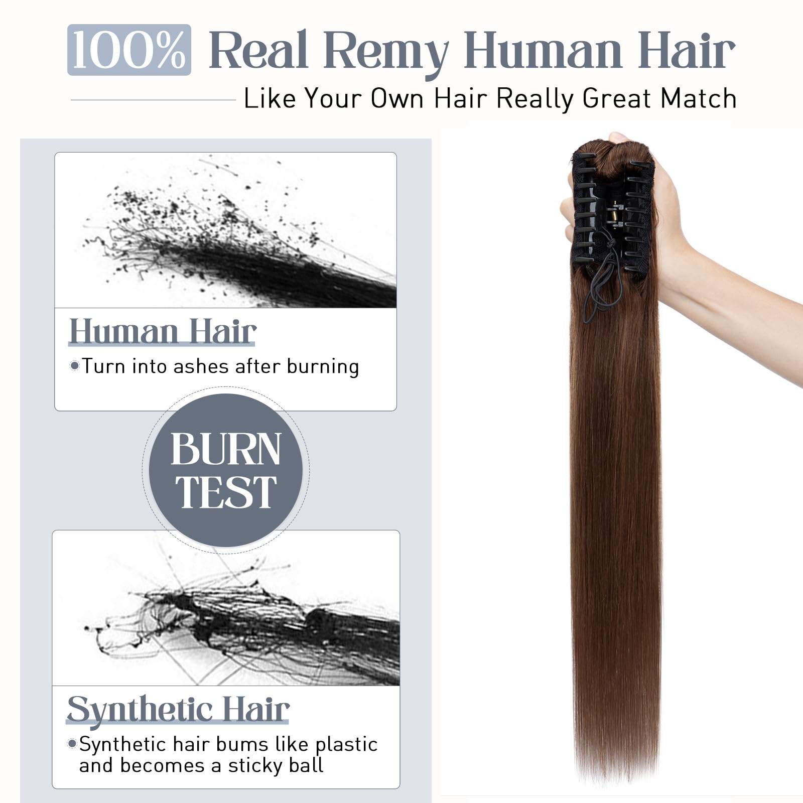Rich Choices 20 Inch Clip-In Ponytail Hair Extensions - 120g Human Hair, Balayage Medium Brown (#4) | Straight & Natural Look for Women | Perfect for Parties, Weddings & Daily Styling
