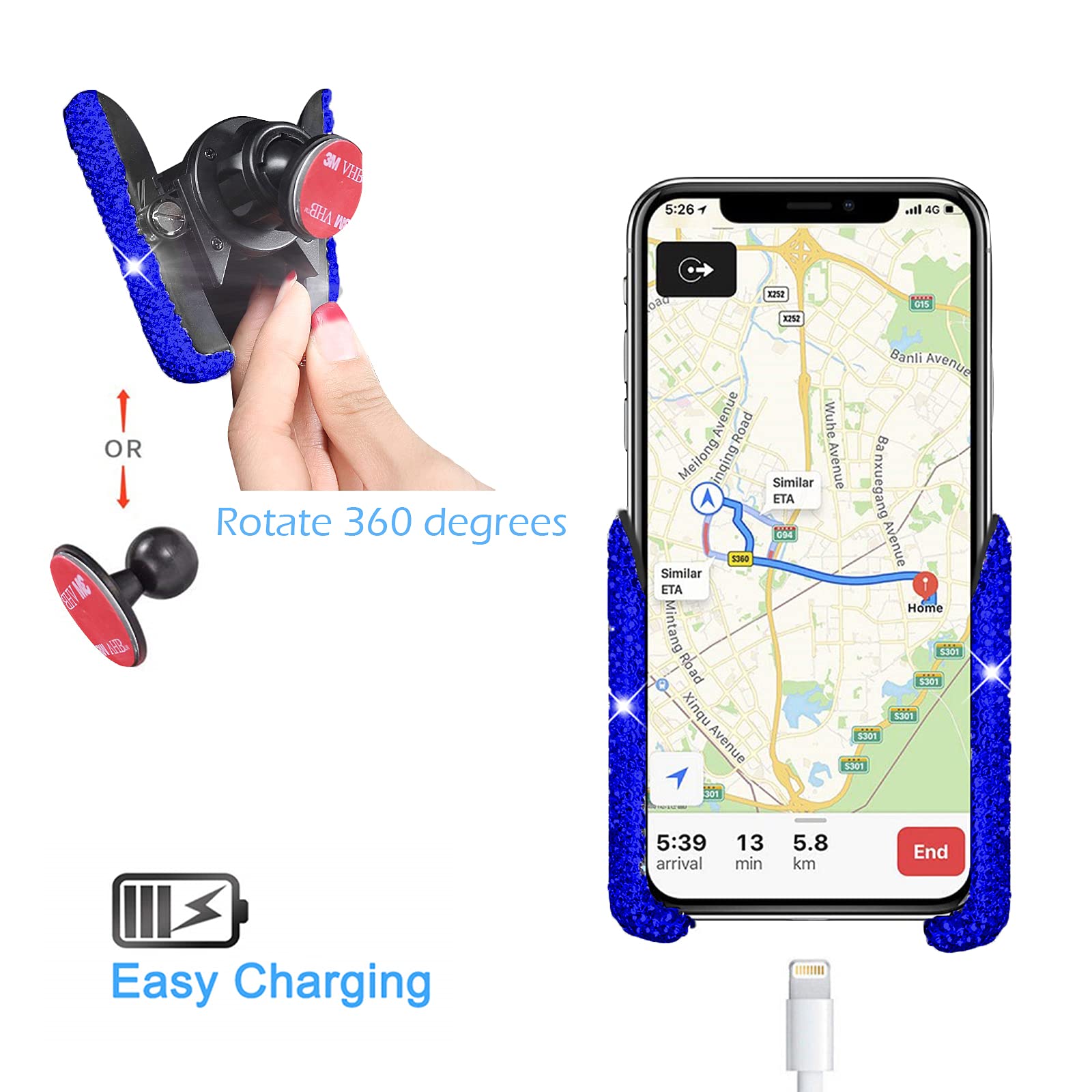 Bling Crystal Car Phone Mount with Free Glasses Holder - Universal Dashboard, Windshield & Air Vent Cell Phone Holder - Stylish Car Accessories for Women (Blue) - Perfect for Commuting, Road Trips & Hands-Free Driving