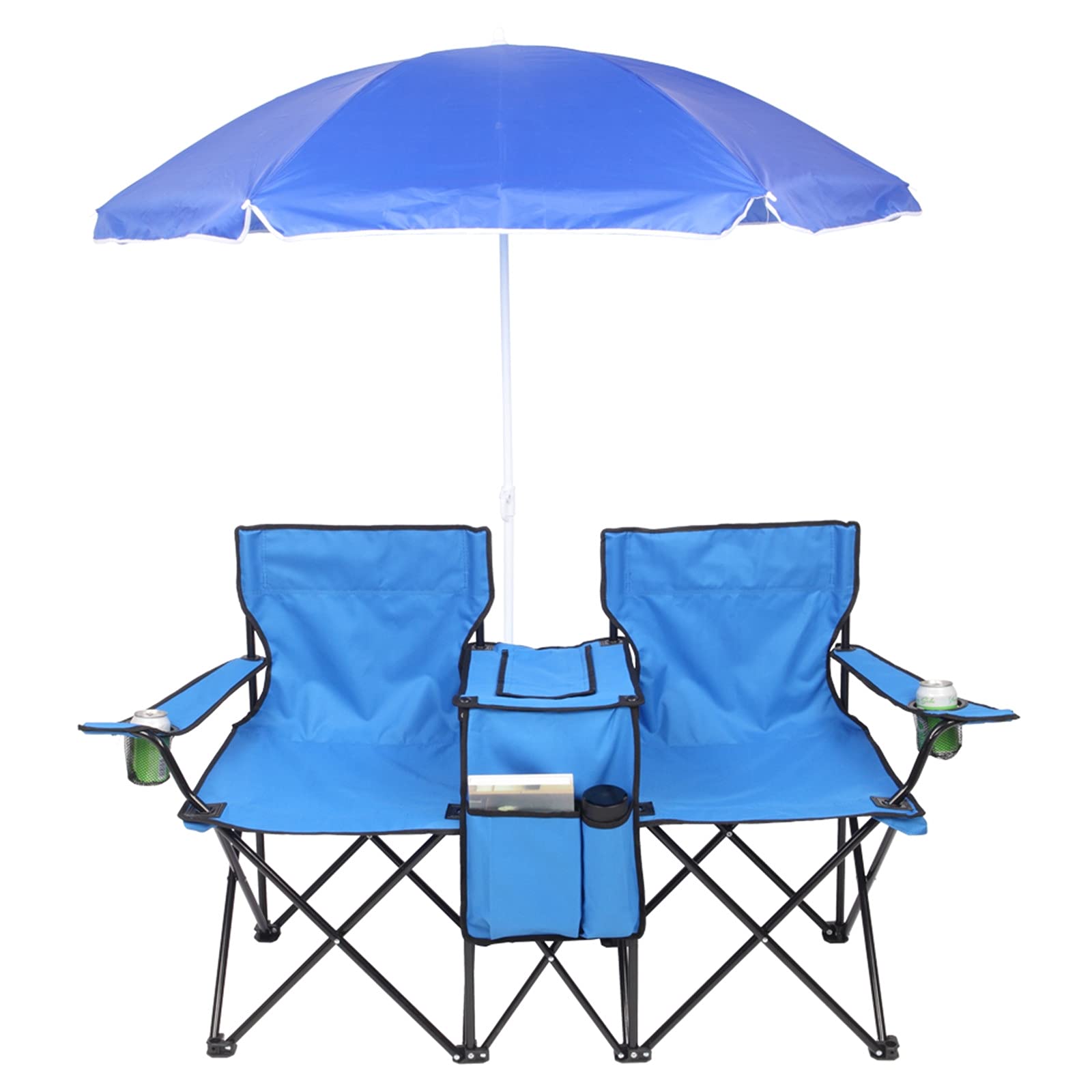 Keseno GT10-LY Portable Folding Chair with Removable Sun Umbrella - 2 Seat Outdoor Camping Chair for Beach, Fishing, Picnic & Backyard Relaxation (Blue)