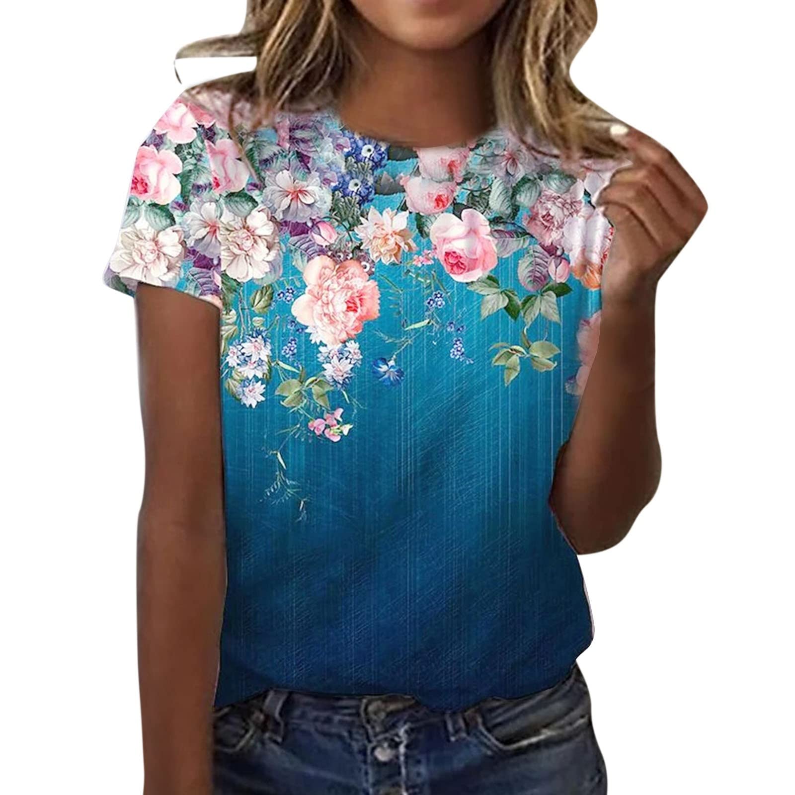 Stylish Plus Size Women's Summer Tops - Floral Print O-Neck Short Sleeve Casual Blouse for Beach, Vacation & Everyday Wear