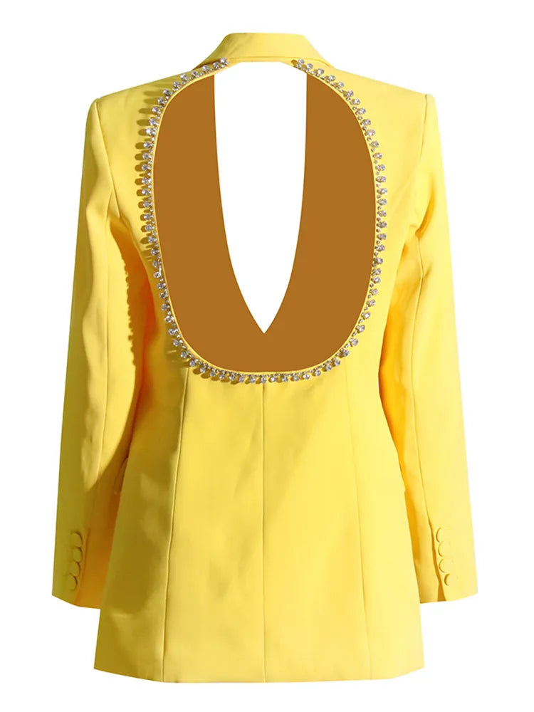 Stylish Backless Patchwork Diamonds Women's Casual Blazer - Notched Collar Long Sleeve Spliced Button Jacket for Office, Party & Date Night Outfits
