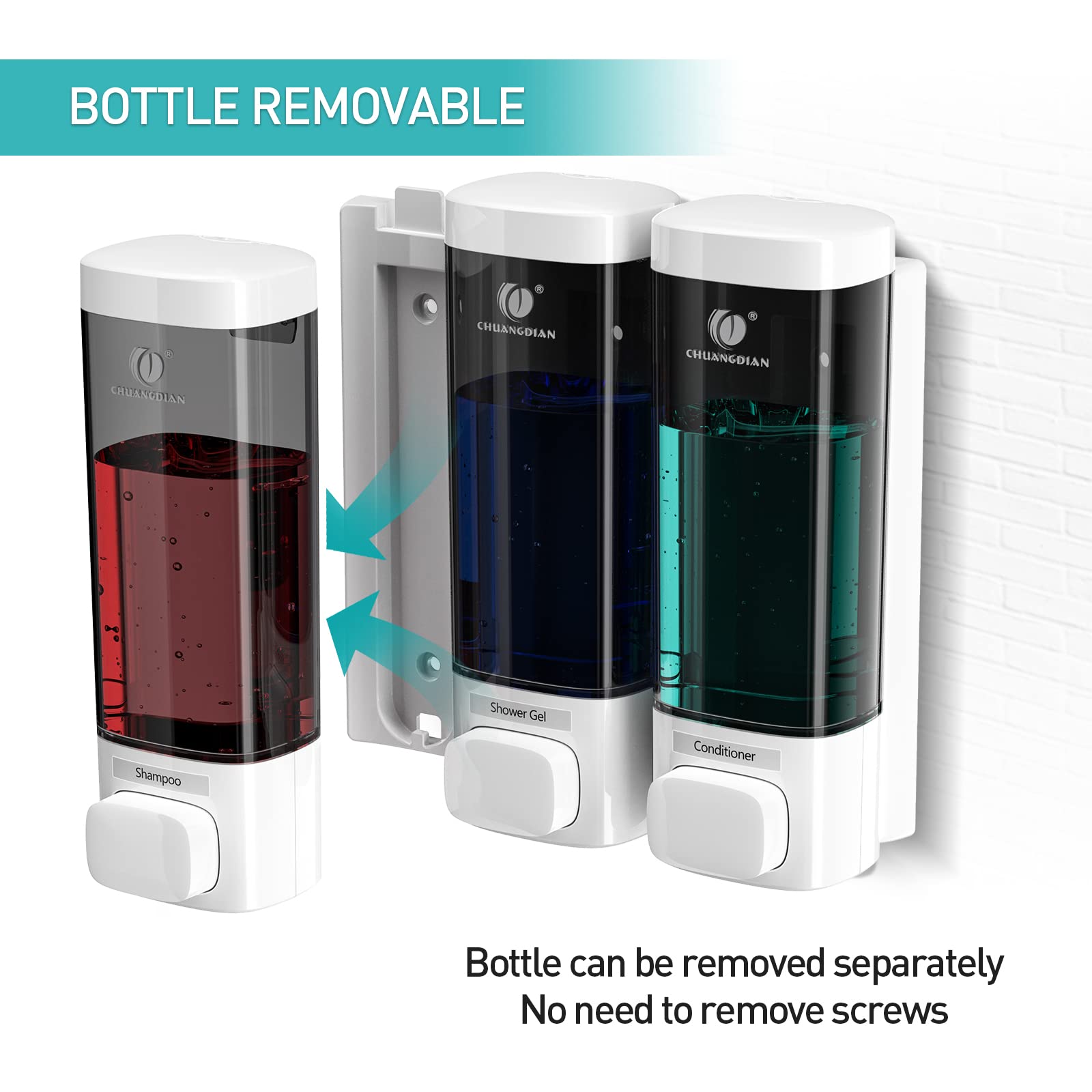 3-Chamber Wall Mount Soap Dispenser for Bathroom & Shower - 320ml No Drill Adhesive Shampoo, Conditioner & Body Wash Dispenser - Perfect for Home, Gym, Spa & RV Use (White)