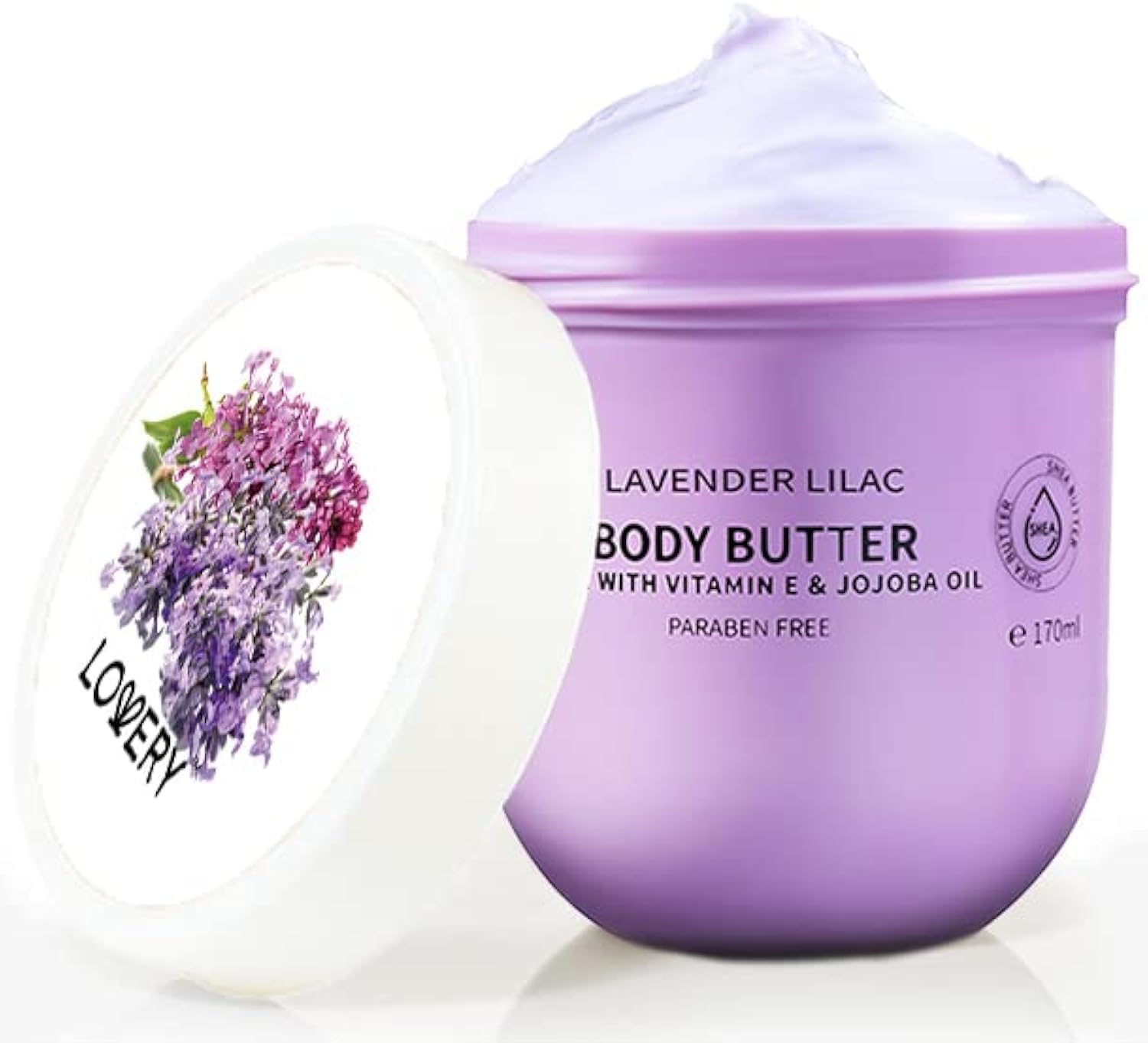 Lavender Lilac Body Butter - Shea Cream with Jojoba Oil & Vitamin E - Hydrating Natural Moisturizer for Dry Hands, Feet & Elbows - 5.74 Fl Oz - Perfect for Daily Skincare Routine & Spa Night Self-Care