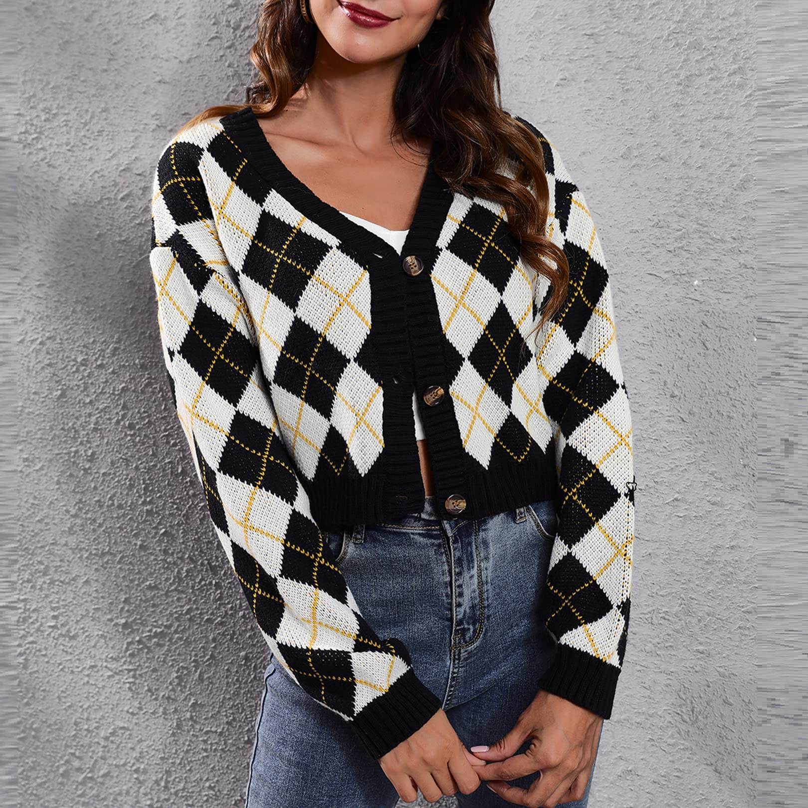 Flygo Women's Long Sleeve Color Block Argyle Plaid Button Front V-Neck Soft Knit Cardigan Sweater - Cozy Fall & Winter Layering Piece for Work, Dates and Casual Outings