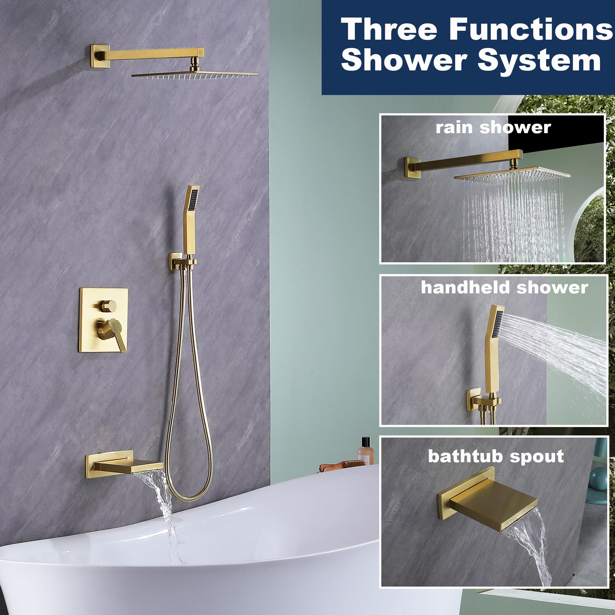 Premium Brushed Gold Shower System - 10 Inch Rain Shower Head & Handheld Shower Set with Tub Spout - All Metal High Pressure Bathtub Faucet (Valve Included) - Perfect for Luxury Bathroom Renovation & Spa-Like Shower Experience