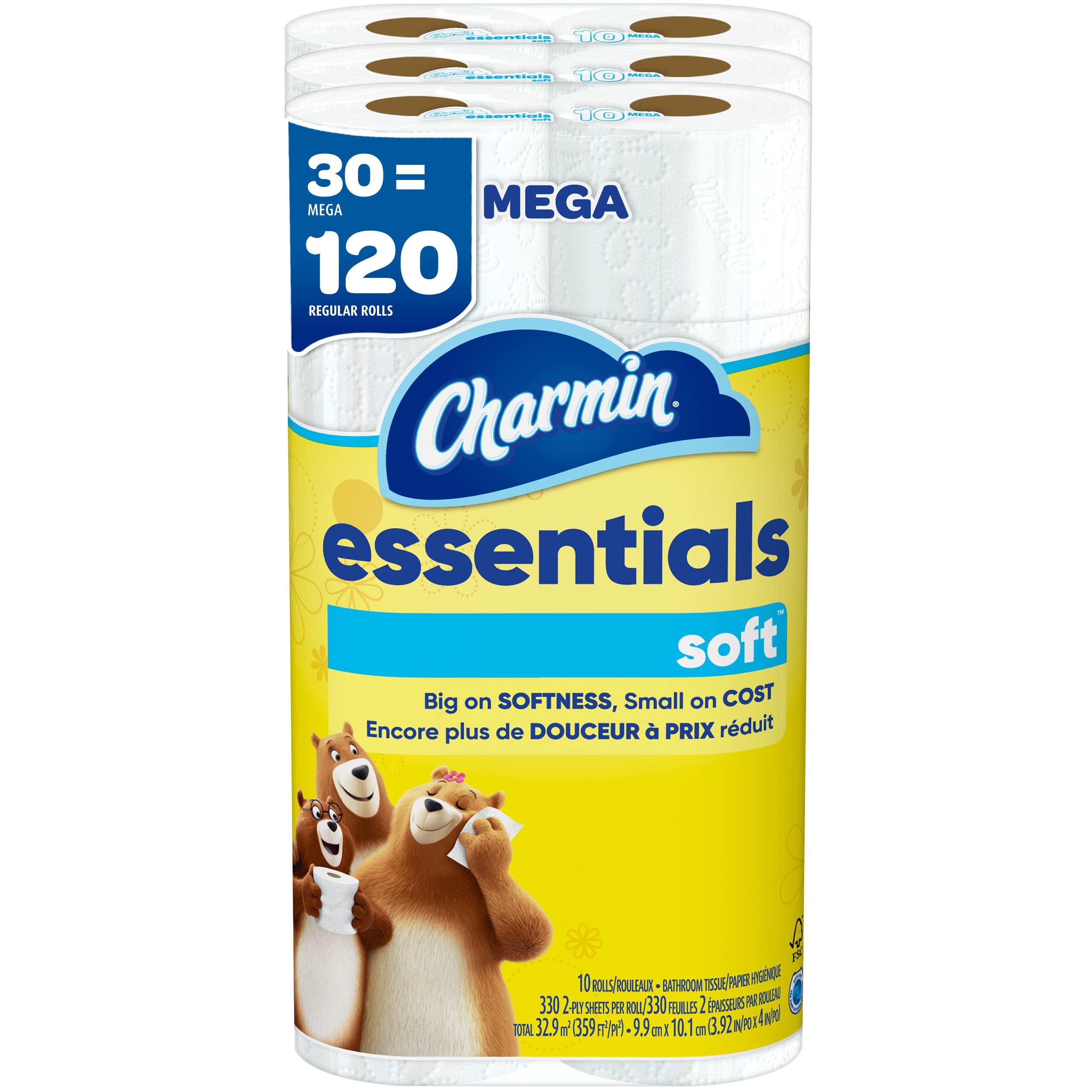 Charmin Essentials Soft Toilet Paper - 30 Mega Rolls (Equivalent to 120 Regular Rolls) | Ultra Soft Bath Tissue for Home & Office Use | Gentle on Skin, Septic Safe, Highly Absorbent