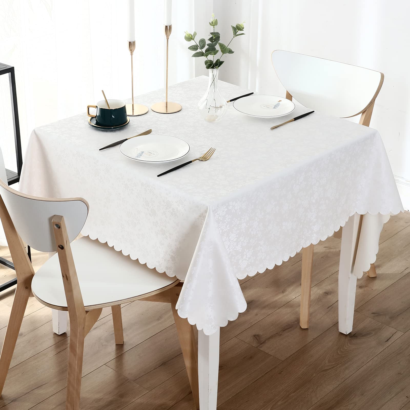 Smiry Square Waterproof Vinyl Tablecloth - Heavy Duty, Wipeable, Washable White Table Cover for Kitchen, Dining Room, Outdoor Picnics, and Party Events (54