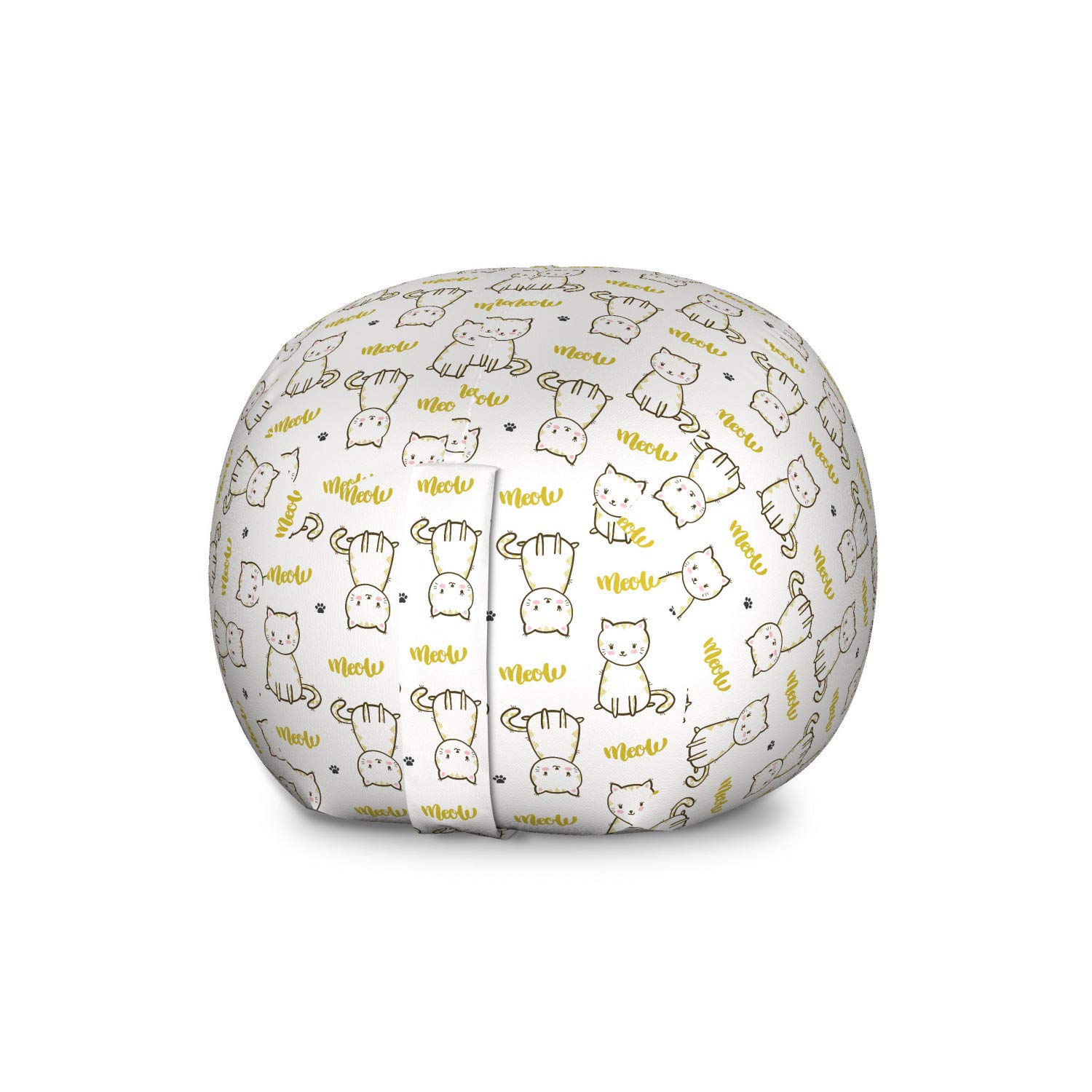 Ambesonne Cat Storage Toy Bag Chair - Large Washable Stuffed Animal Organizer with Cursive Meow & Upside Down Kittens Design in Mustard White | Perfect for Kids' Room, Pet Toy Storage & Nursery Organization