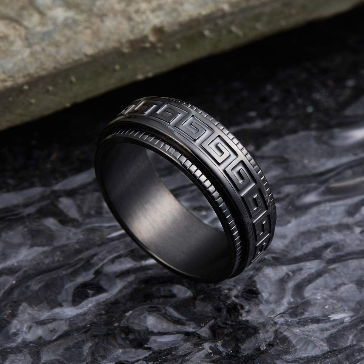 King Will 8mm Stainless Steel Fidget Spinner Ring for Men - Black/Silver Brushed Finish with Greek Key, Viking, Roman Numerals & Hammered Patterns - Anxiety Relief Ring for Stress, Focus & ADHD - Perfect for Office, Travel & Daily Wear