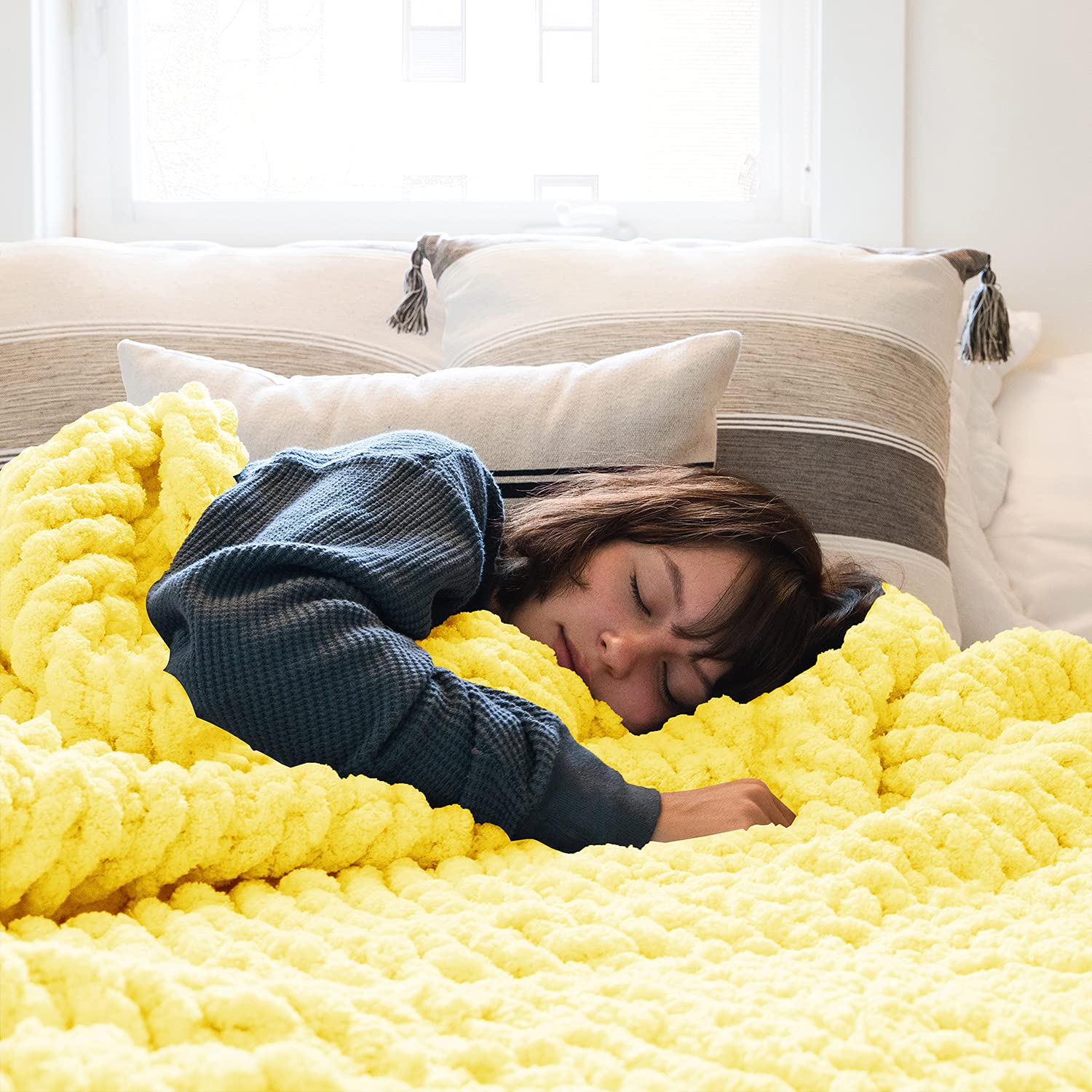 Handmade Chunky Knit Blanket - Soft & Cozy Cable Knit Throw for Couch, Bed, Home Decor - Warm Oversized Blanket 40x103 Inches in Mustard Yellow - Perfect for Living Room, Nursery & Gift Giving