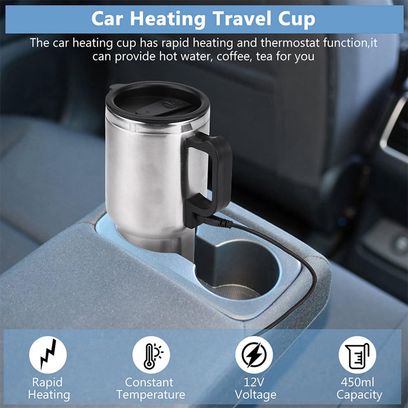 12V 450ml Stainless Steel Car Heating Cup - Electric Travel Mug with Cigarette Lighter Plug for Coffee, Tea & Milk | Portable Heated Water Kettle for Road Trips, Commuting & Camping