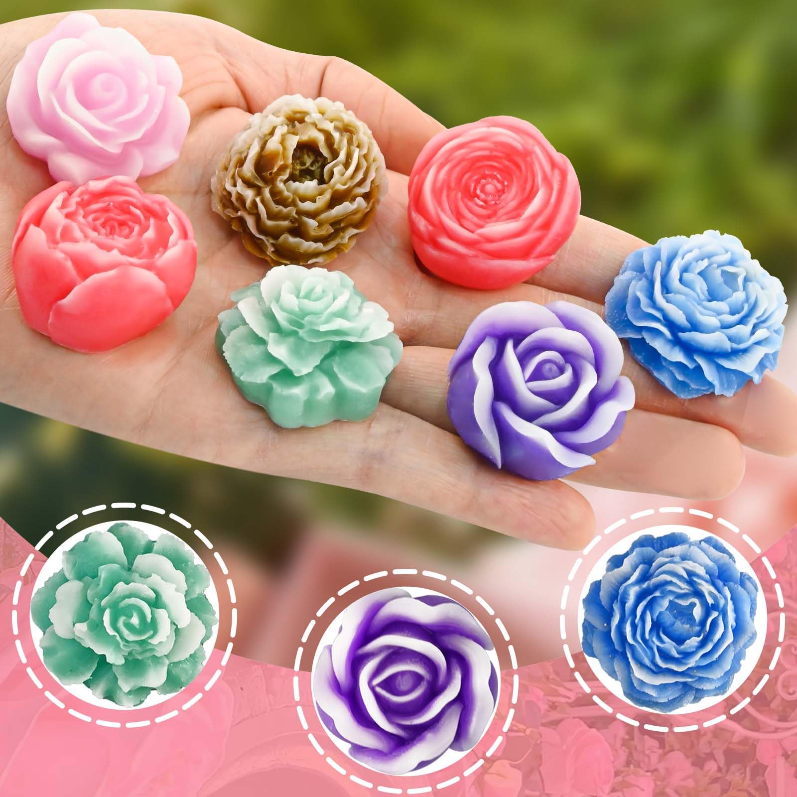 7-Cavity Flower Silicone Molds for Candle Making, Soap Crafting & Cake Decorating - Rose & Peony Shaped Molds for DIY Wax, Resin Casting, Chocolate, Mousse & Fondant - Perfect for Home Decor, Wedding Favors & Craft Projects