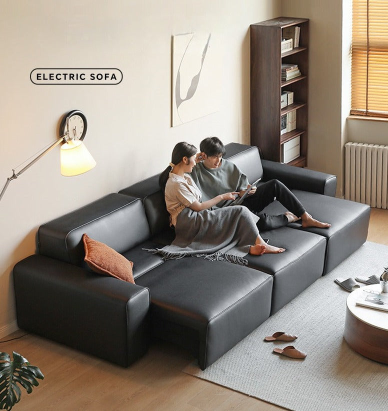 Organic Leather Art Sofa with Retractable Bed - Big Black Bull Electric Sofa Bed for Living Room, Guest Room & Small Space Comfort
