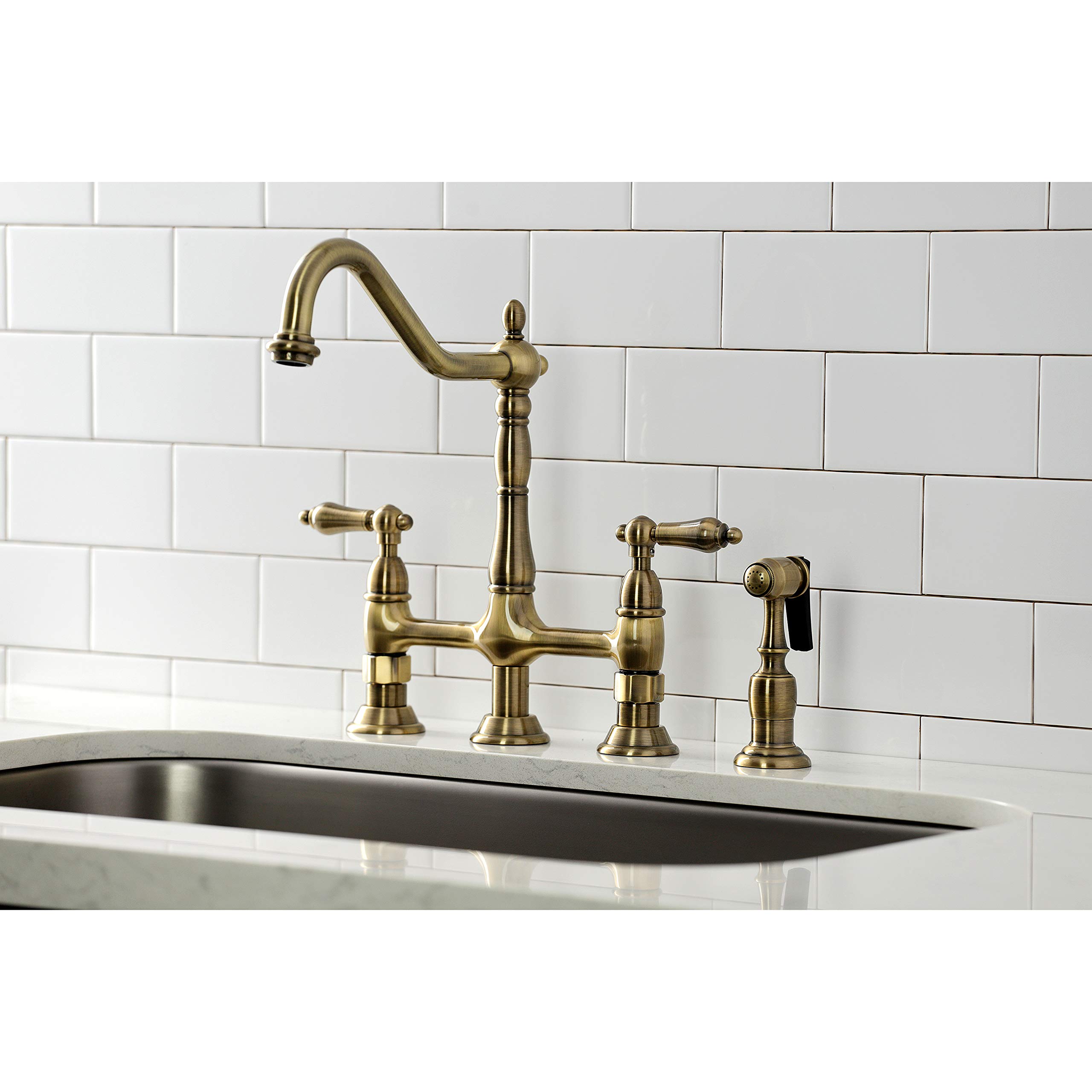 Kingston Brass KS1273ALBS Heritage 8-Inch Kitchen Bridge Faucet with Brass Sprayer - Antique Brass Finish - Perfect for Farmhouse, Vintage & Traditional Kitchen Sinks